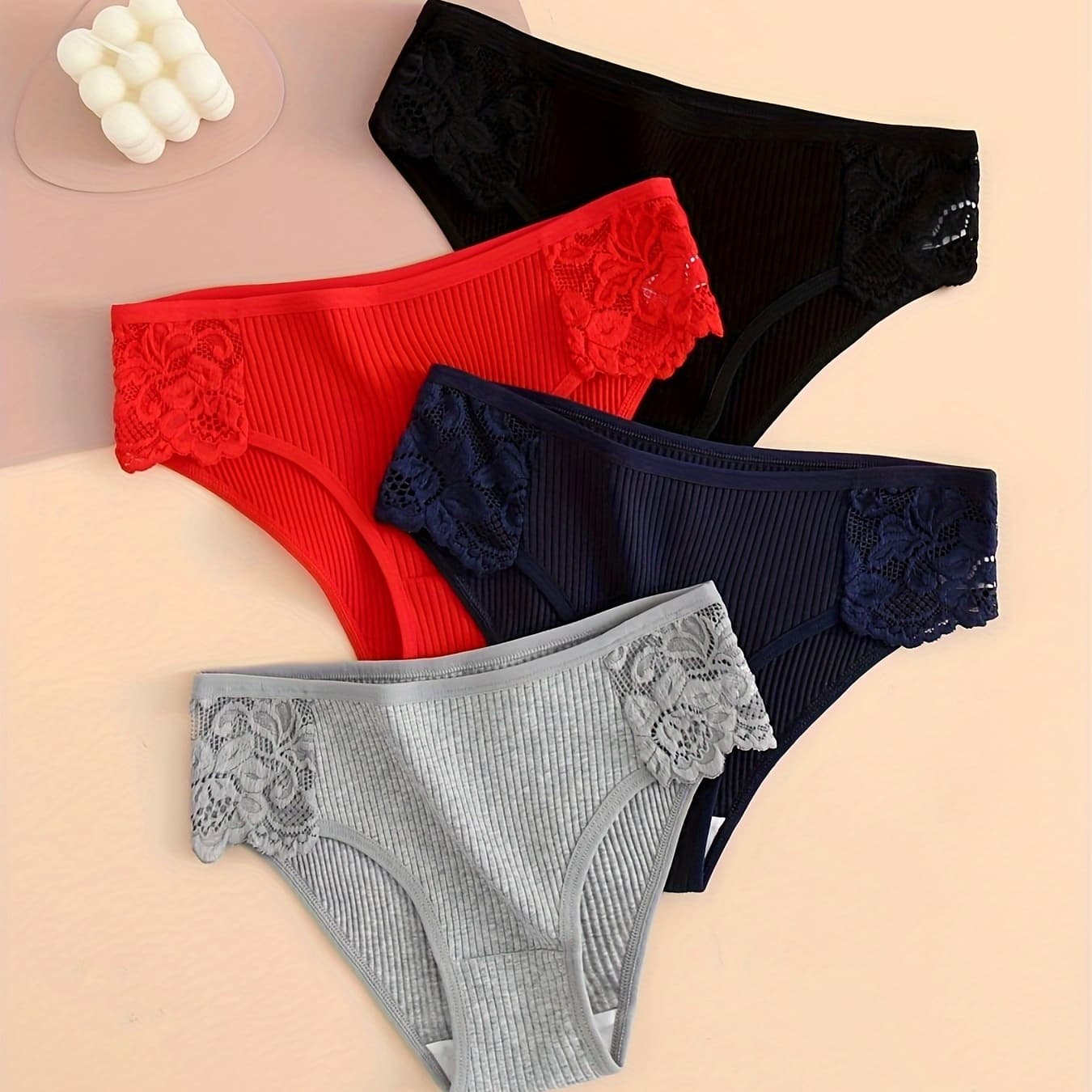 4-Pack Threaded Women'S Triangle Panties Solid Low-Waist Lace Patchwork Breathable Underwear