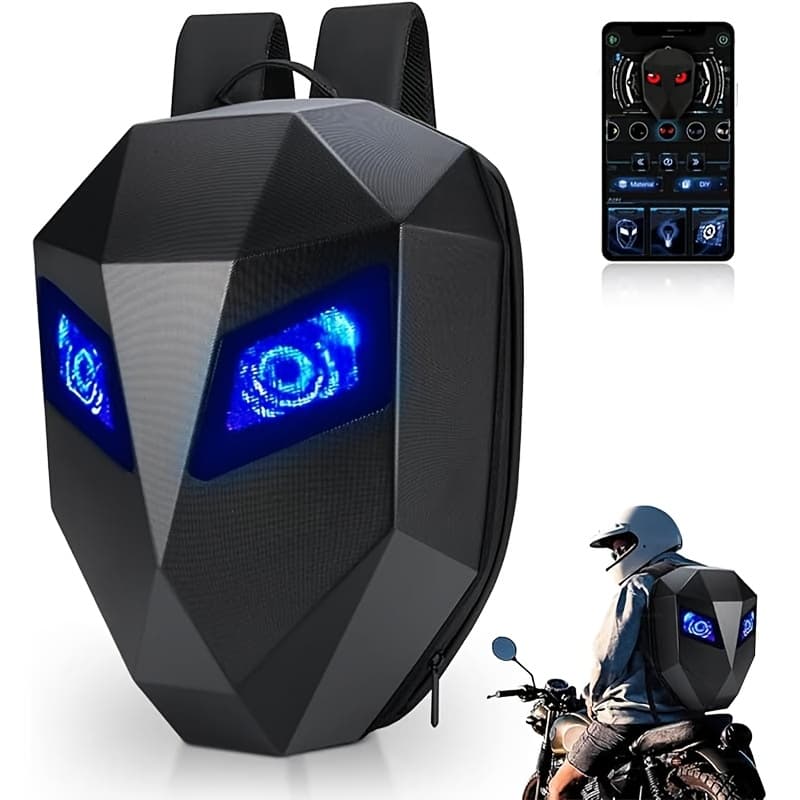 Gelrova Knight LED Motorcycle Backpack With Eye, Hard Case Riding Helmet Backpack Motorbike Laptop Bag, Large Size 19inch, USB Powered Gear (Power Bank Not Included), Black