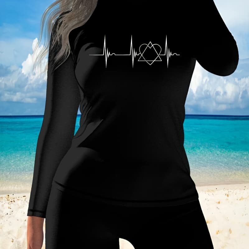Heartbeat EKG Pulse Adoption Symbol for Foster Care: Women'S High Elasticity Tummy Control Long Sleeve Two-Piece Swimsuit, Protective Swimwear for Beach Holidays And Pool Gatherings