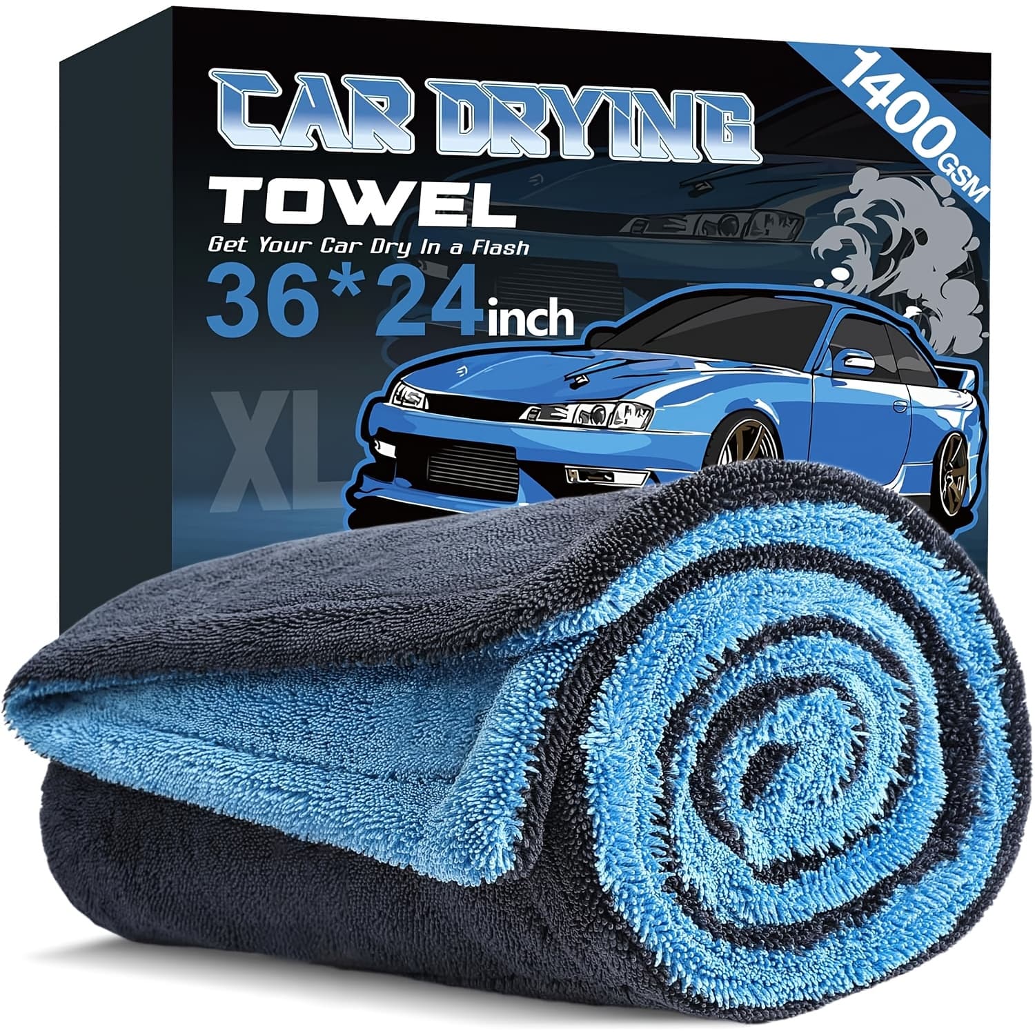 Extra Large 1400GSM Microfiber Car Drying Towel Suitable for Cars - Super Absorbent, Lint-Free & Streak-Free Twisted Loop Edgeless Towels for Auto Detailing,, Roof, Doors, SUV, Truck (Large)