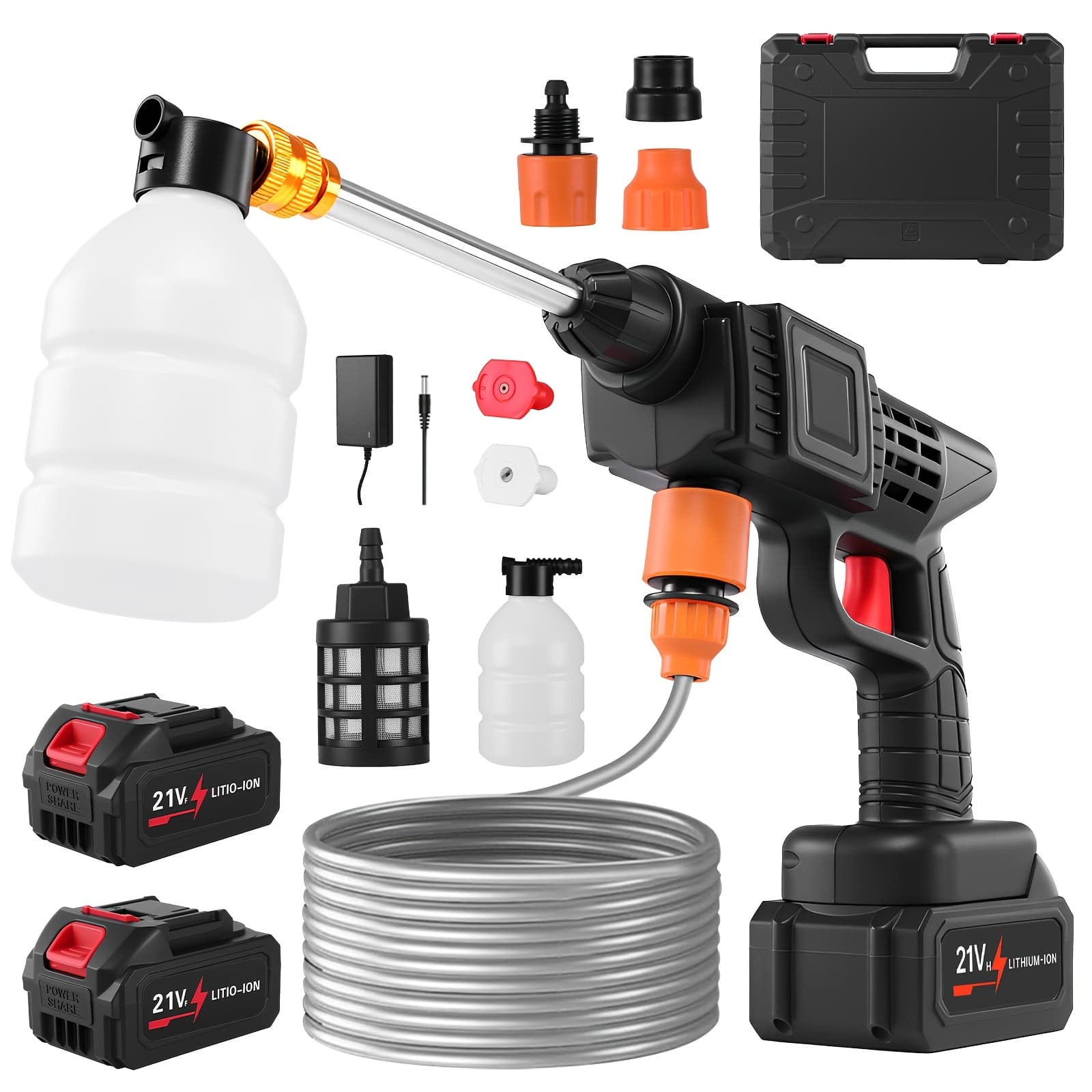 LOVEWE 300 Watt Cordless High Pressure Electric Car Wash - Equipped with 6-in-1 Nozzle, 1.3GPM Handheld Car Wash Gun, for Car Wash/Home/Floor/Garden Cleaning, Includes1/2 X 15000mAh Batteries, 60 Minutes Battery Life