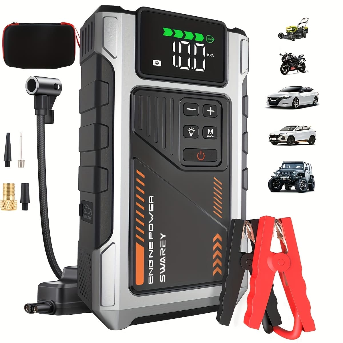 12000mAh Jump Starter Power Pack, 6000A Car Battery Booster 12V Jump Starter with 150PSI Tire Inflator Portable Air Compressor, with LCD Display, Jump Starter Power Bank (7.5L Gas/6L Diesel), LED Light