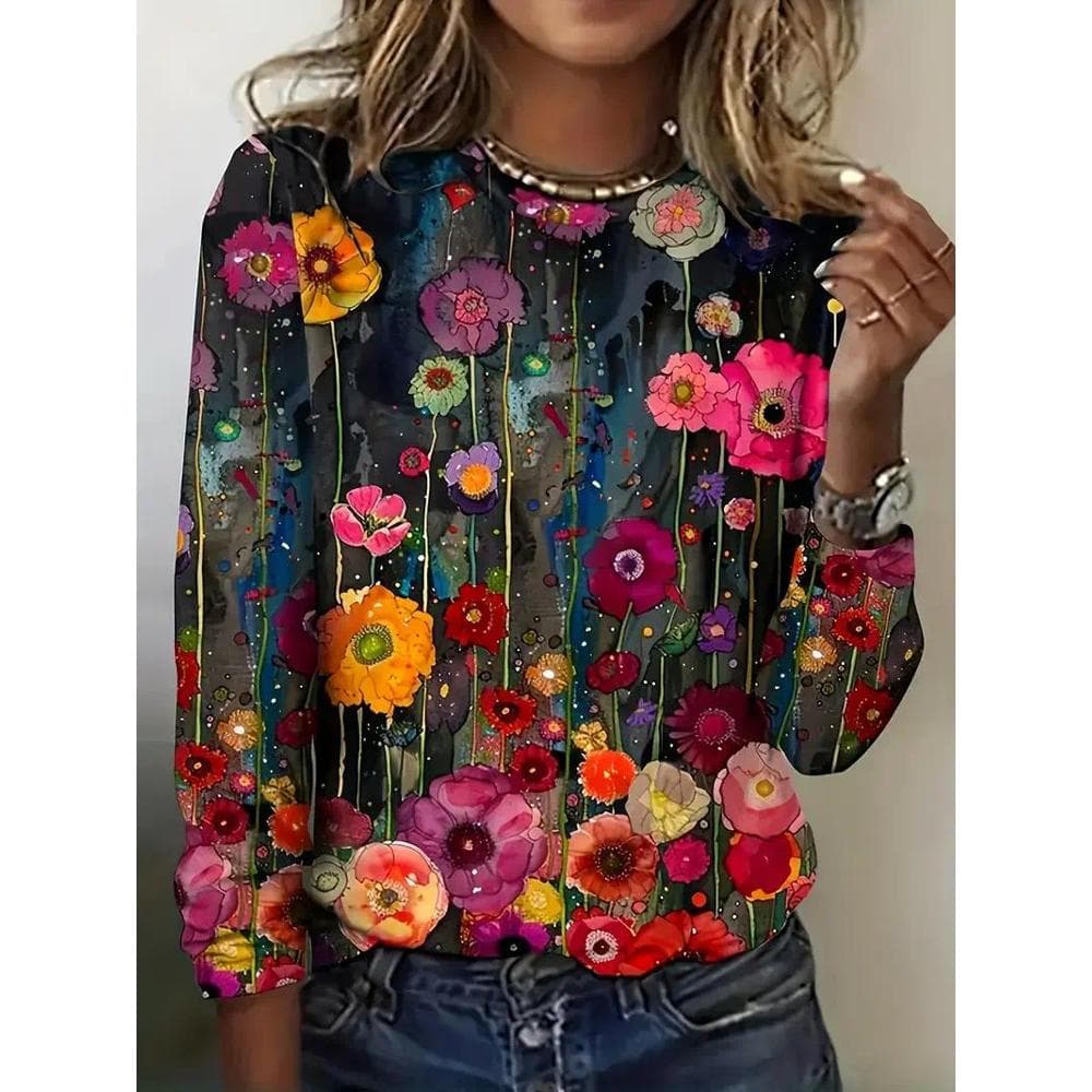 Vibrant Floral 3D Pattern T-Shirt for Women - Ombre Slogan Print, Long Sleeves, Casual Style - Made from Soft, Medium Stretch Fabric, Featuring a Round Neck And Relaxed Fit - Ideal for Everyday Wear, Work, Or Leisure
