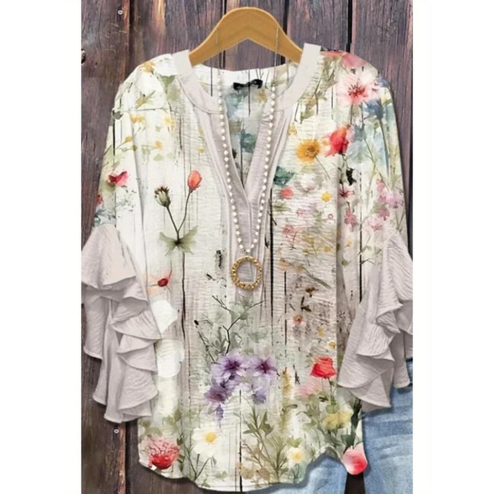 Women's Clothing Is Elegant and Casual, Loose Semi-open V-neck Splicing Five-quarter Sleeves with Lotus Leaf Edges, Short Sleeves, Cool and Breathable, Age-reducing and Thin, Suitable for Vacation - Machine Washable Loose V-neck Design
