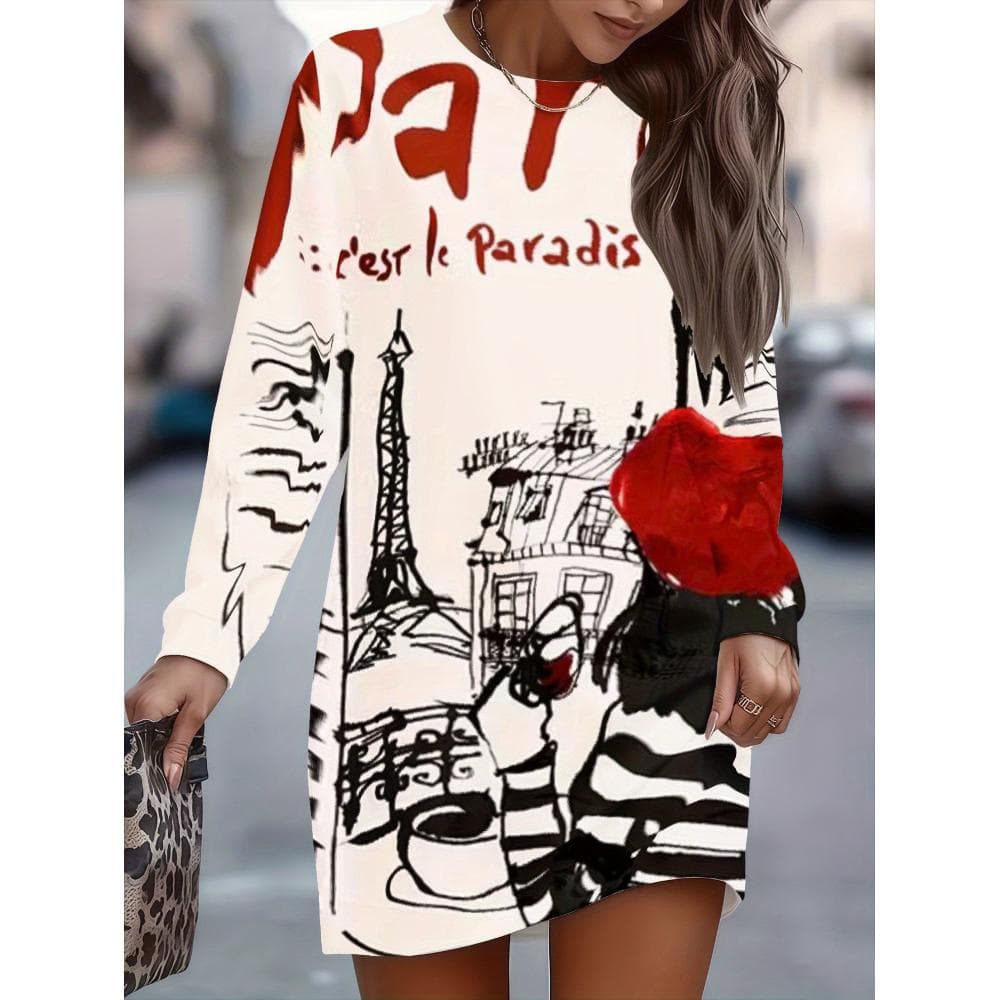 New Women's Standard Code Autumn and Winter Christmas Holiday Atmosphere, Flower City Architecture Fashionable 3D Printed Crew Neck T-shirt, Micro-elastic Long Sleeves, Elegant Fashion Party Daily Versatile Fashion Clothing, Machine Washable