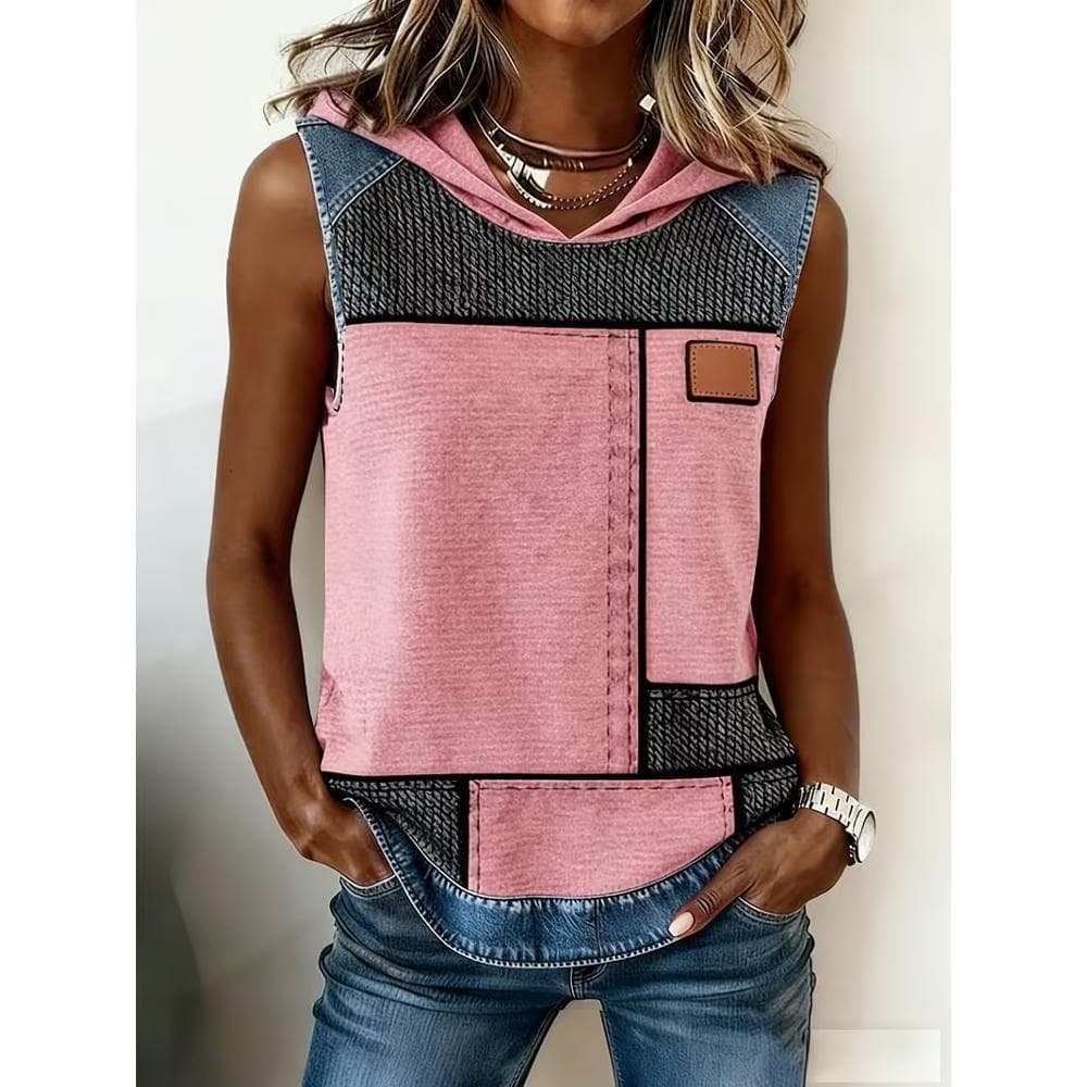 Women's Casual Fashion Art Print Hooded Vest, Denim Print - Comfortable and Eye-catching Daily Wear