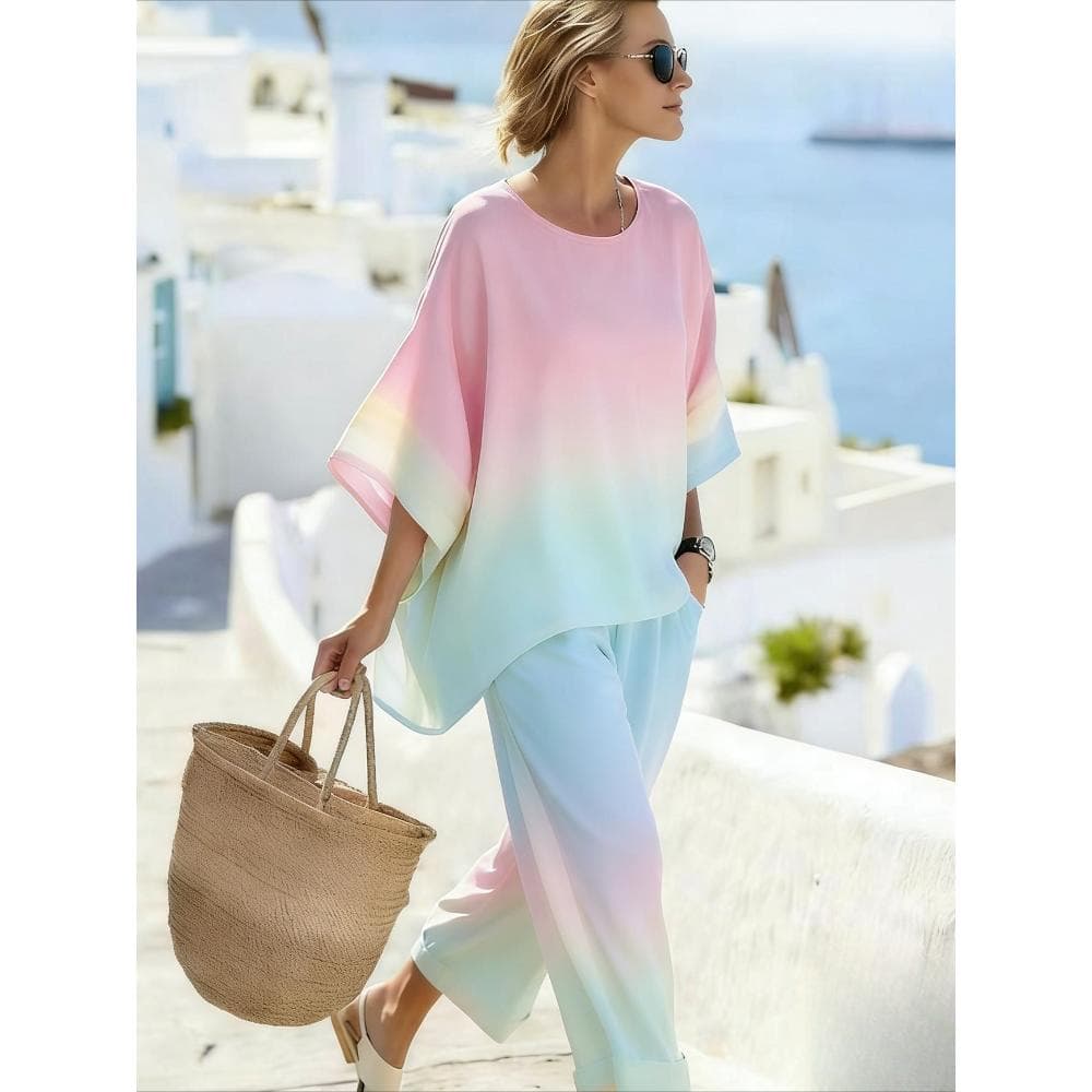 2026 New 3D Women's Printed Gradient Home Dress Set Easter, Mother's Day, Bat Sleeve Loose Top+Wide Leg Pants Resort Beach 2pcs Gift Preferred, Machine Washable