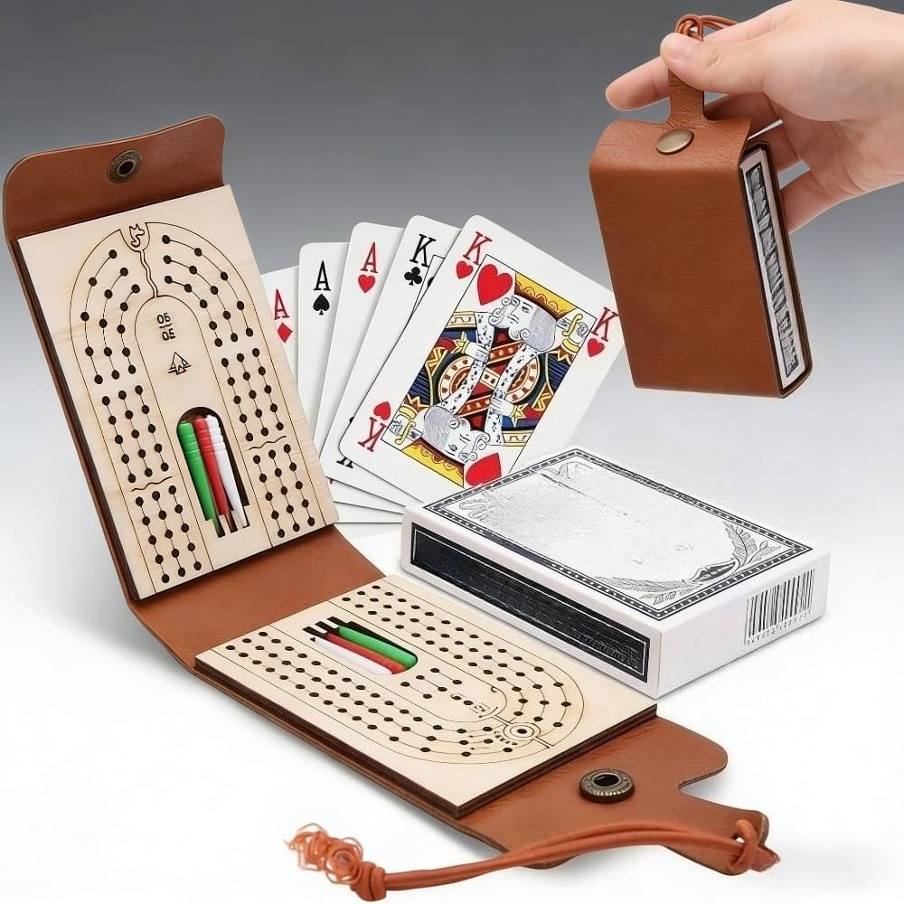 2026 Foldable Travel Cribbage Board Game Set, Leather Cribbage Set, Wooden And 6 Pegs, Playing Cards, Portable Tabletop Wooden Board Game