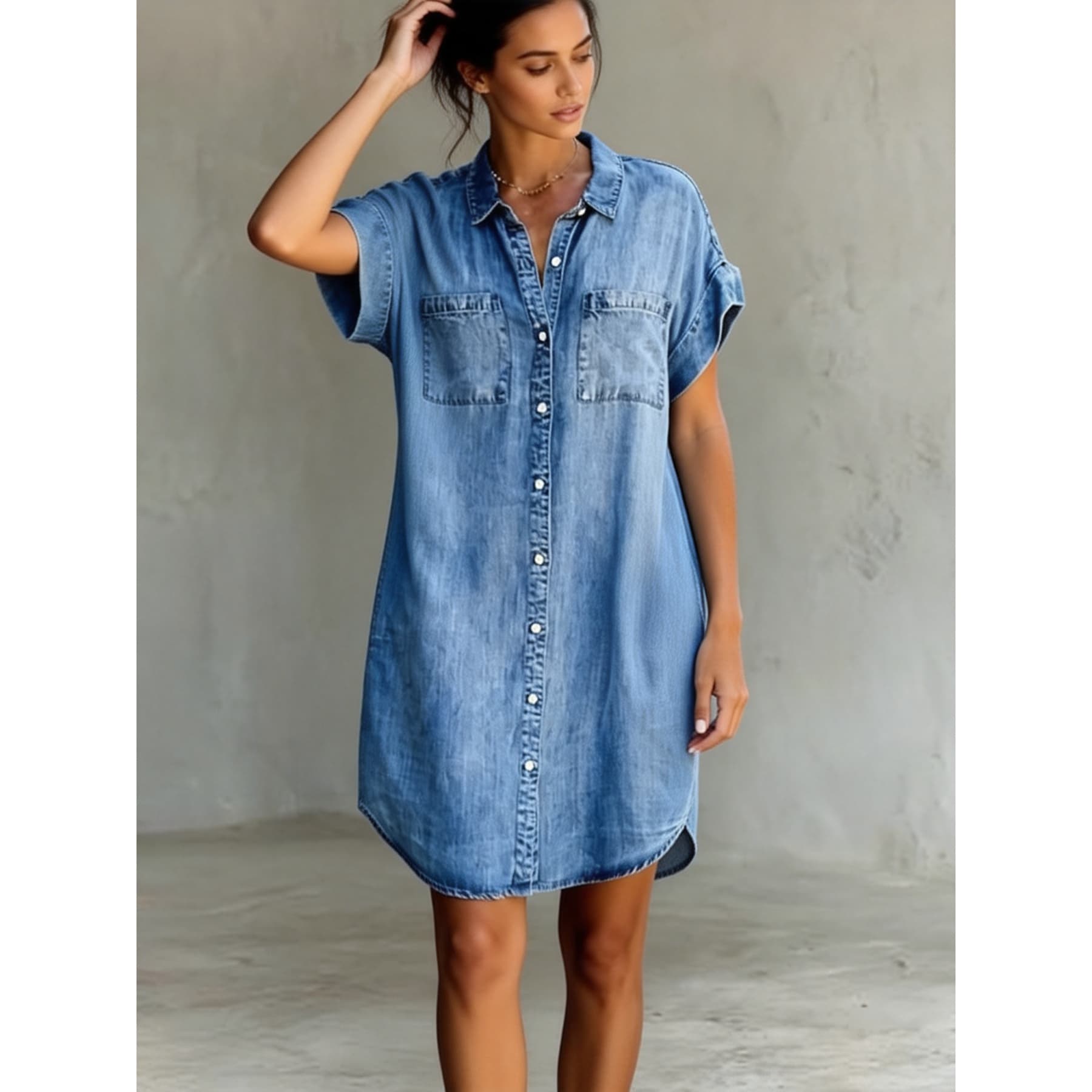 Women's Denim Shirt Dress 2026 Summer New Arrival Loose-Fit Short-Sleeve Dress Casual Versatile Mid-Length Shirt Dress Elegant Women's Wear
