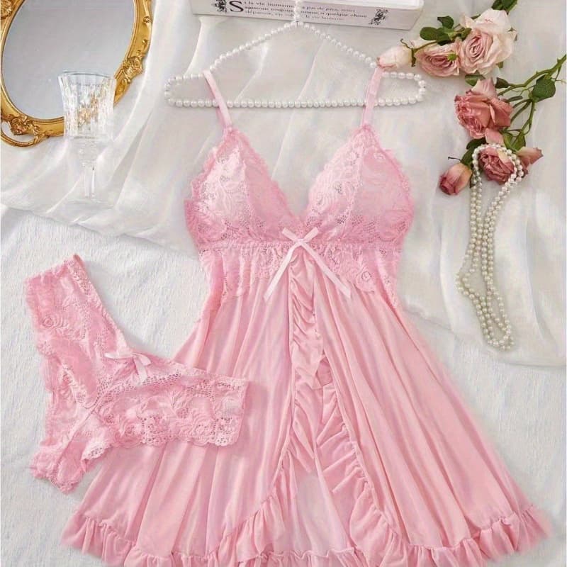 Sexy Lace Clothing with V Neck Floral Hem Slit Backless Design and G String Details Perfect Gift for Romantic Nights