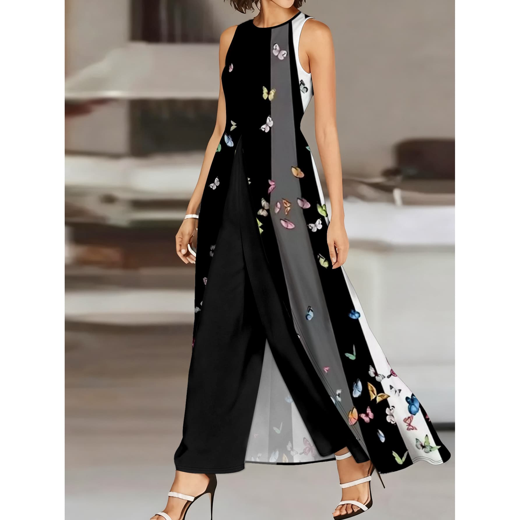 Chic And Sophisticated Blouse with a Front Slit Matched with Trousers, a Women'S Casual Two-Piece Outfit, Perfect for Spring, Summer, Or Fall Travel, Featuring a Butterfly Pattern, Ideal for Christmas