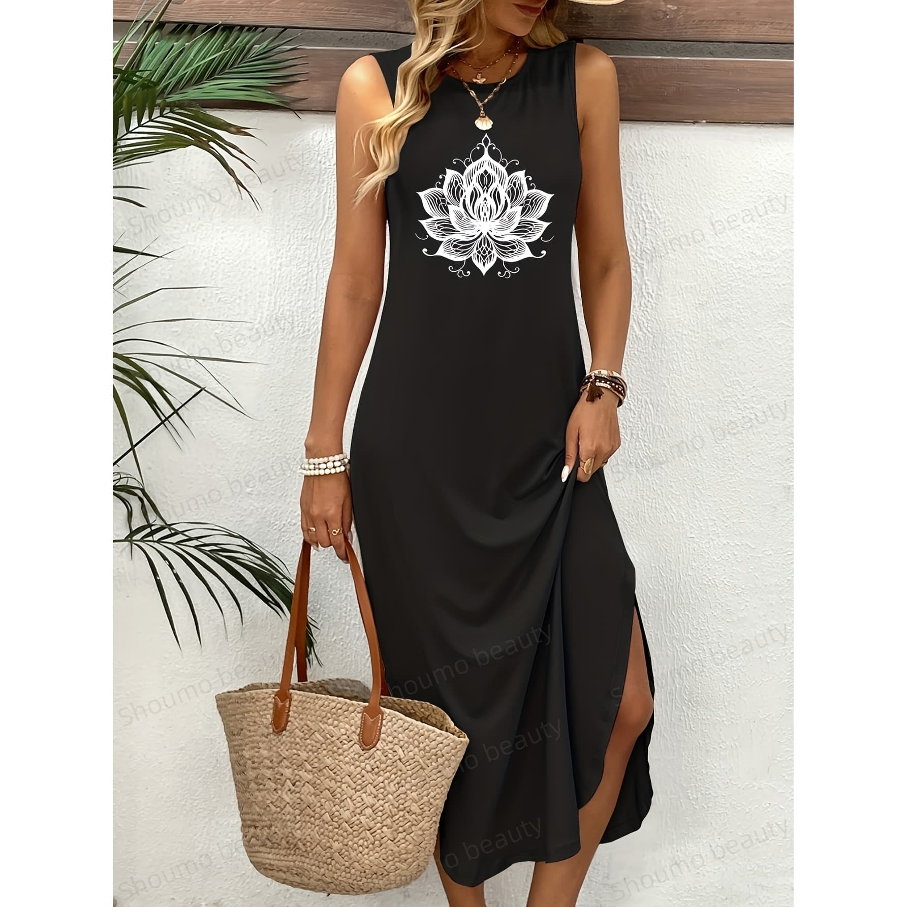 Women'S Black Round-Neck Long Nightgown with Lotus Print, Sleeveless Design, Stylish And Breathable for Everyday Wear, an Ideal Choice for Mother'S Day, No Pockets, Overseas Heat Transfer, Women'S Dress