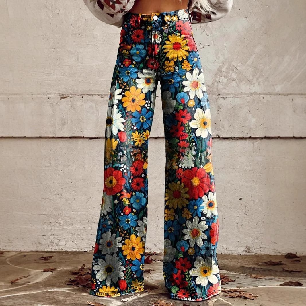 Women's Vintage High Waist Wide Leg Pants with Retro Oil Painting Floral Print - Tie Back Detail, Elastic Suitable for Seasons, Flowy Trousers for Casual & Dressy Wear, Non- Solid Base