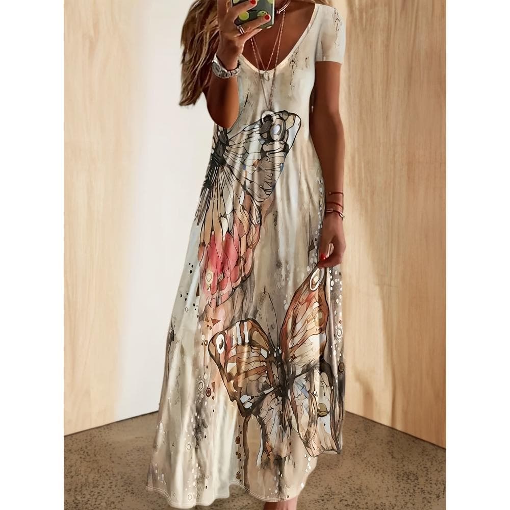[Elegant Butterfly Dress] Vibrant Elegant Women's Retro Butterfly Print Maxi Dress | V-Neck Sleeveless A-Line Flowy Summer Dress, Machine Washable for Casual & Formal Occasions
