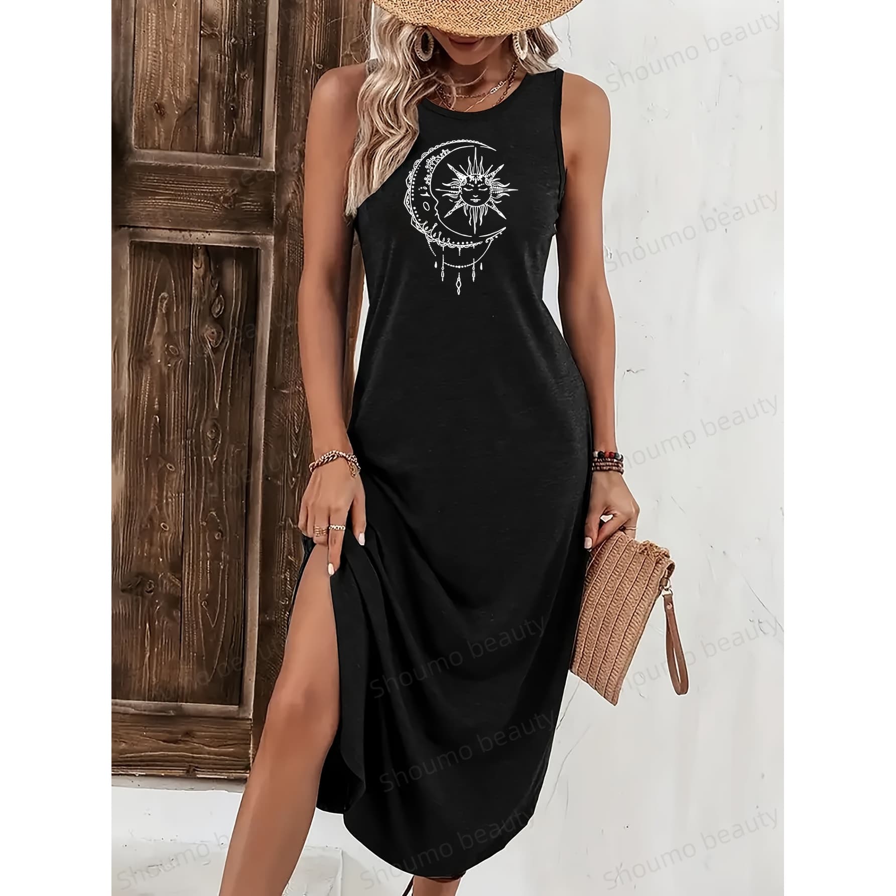 Women's Black Round-neck Sleeveless Long Nightgown with Moon and Sun Print, Stylish and Breathable Design, Ideal for Casual Attire, Perfect for Mother's Day, No Pockets, Overseas Heat-transfer Print, Women's Dress