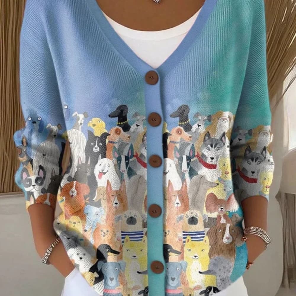 Vintage Women'S Colorful Dog Pattern V-Neck Cardigan with Buttons