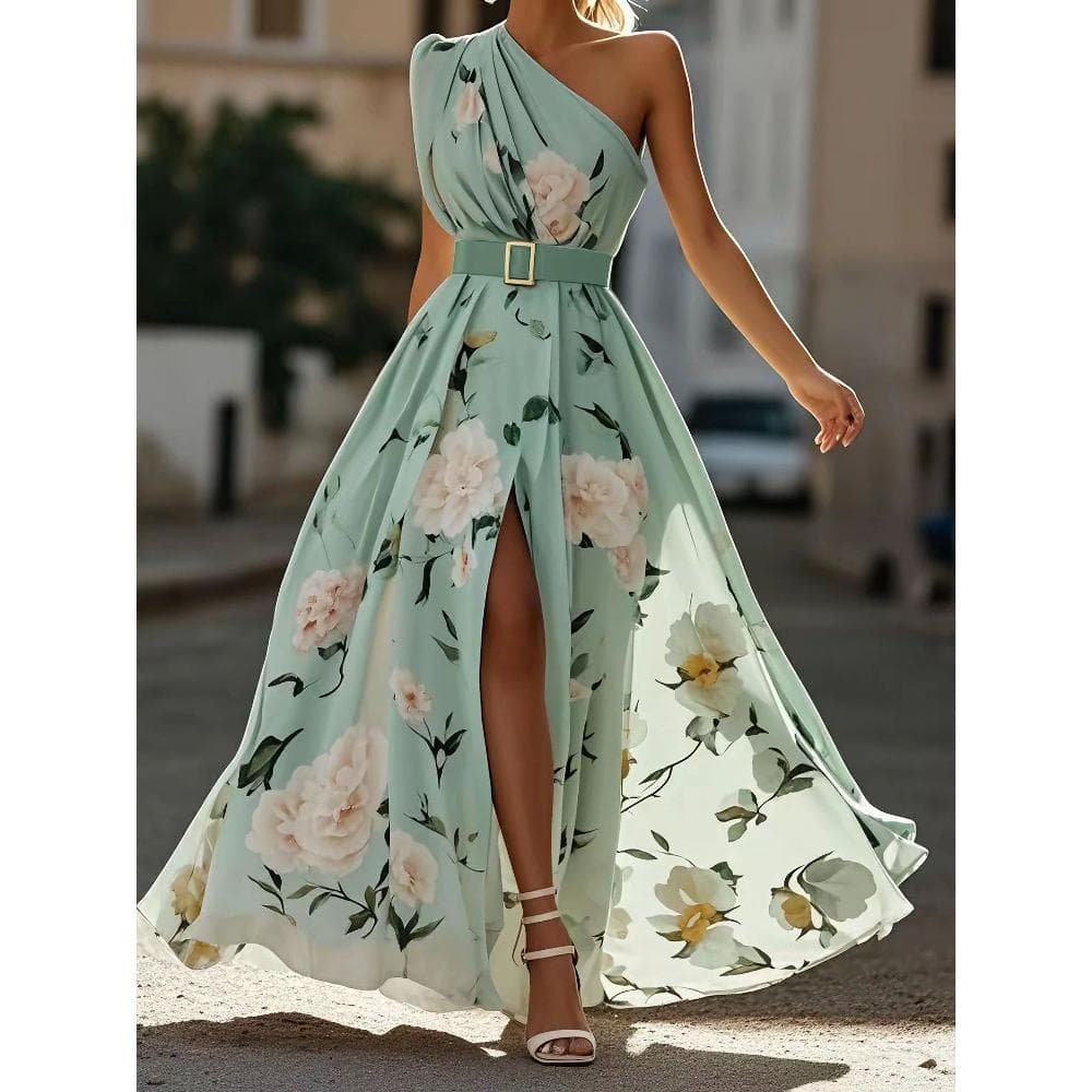 New Arrival 2026 Women's Spring Summer Elegant Floral Print One-Shoulder Sleeveless Dress No Belt