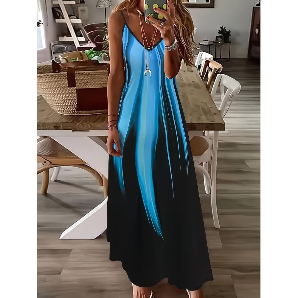 Maxi Dress for Women with a V-Neck, Featuring a Blue to Black Gradient Streamer Design. This Loose-Fitting, Sleeveless Long Dress Is Perfect for a Bohemian-Style Casual Beach Vacation. It'S a Flowy A-Line Summer Dress Ideal for Everyday Parties