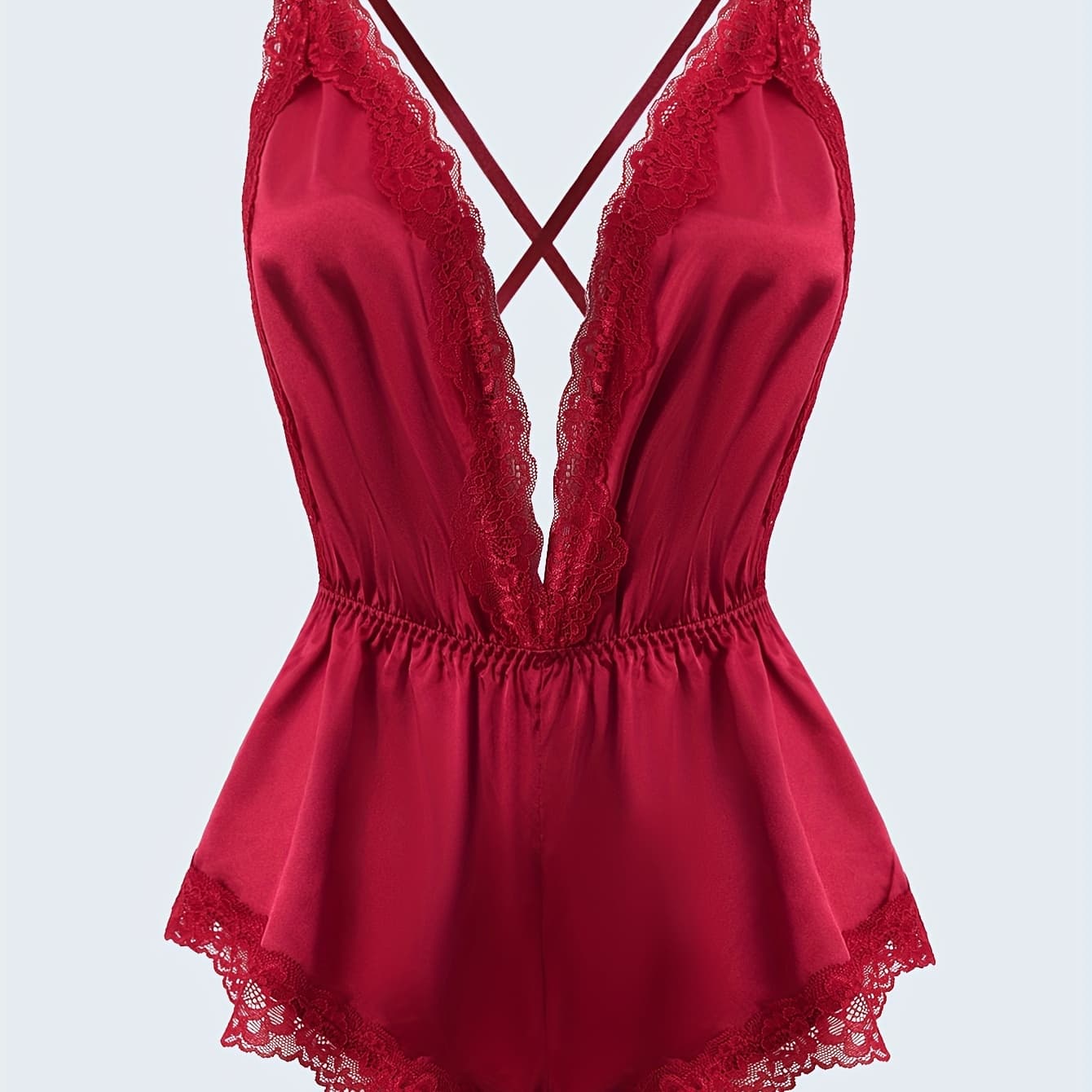 Solid Color Satin & Lace Contrast Sleepwear, Deep V-Neck Cross-Tie Halter Bodysuit, Women's All Seasons Loose & Comfortable Pajamas