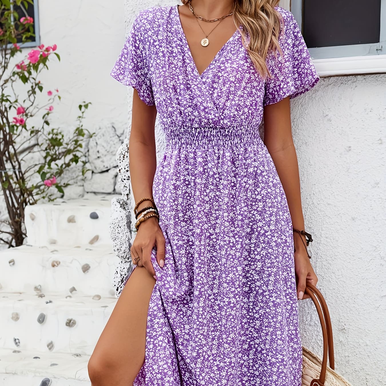 Floral Printed Butterfly Sleeve Thigh-High Slit Dress