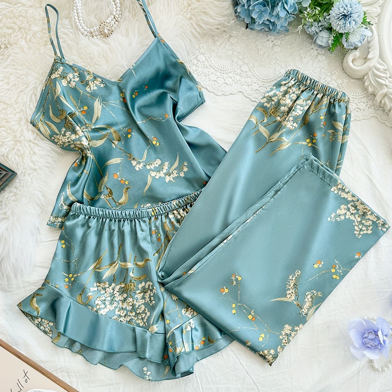 Women's V-Neck Printed Comfortable Camisole Shorts and Pants Pajama Set 3pcs