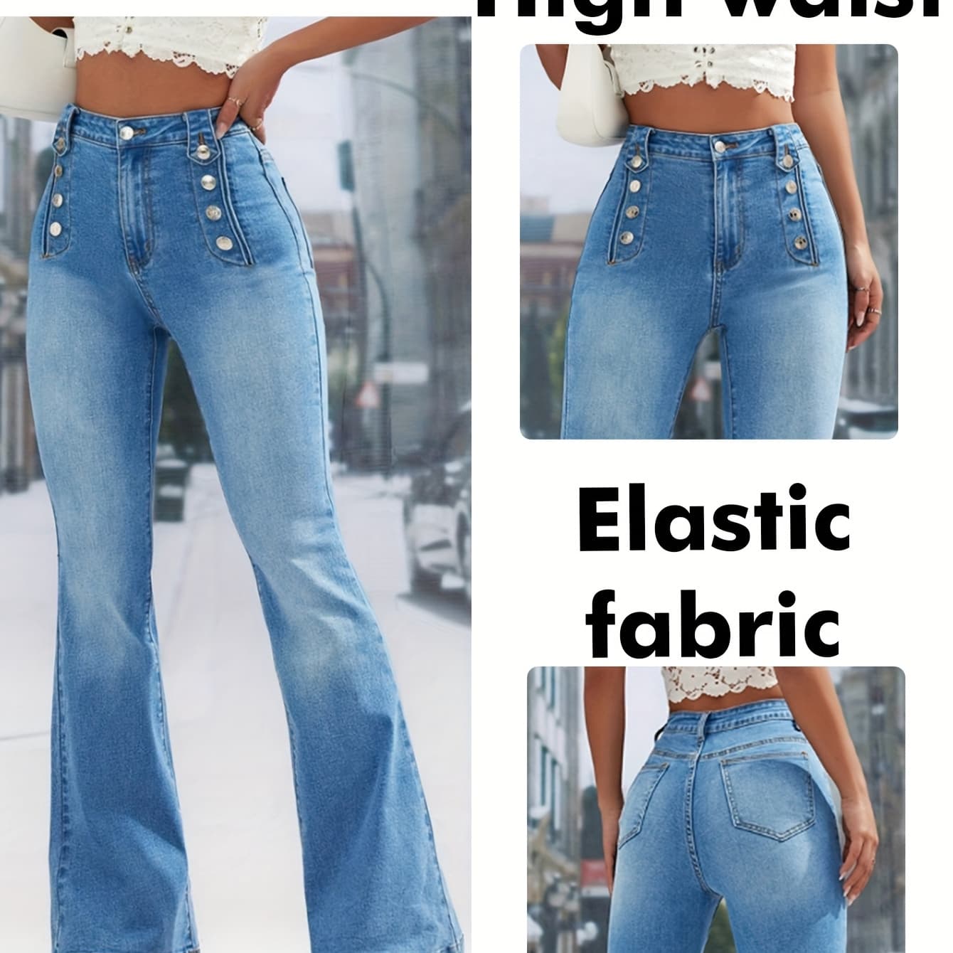NEW Spring/Summer New Style Casual Elegant Versatile Washed Denim Slight Flared Pants, Washed Denim Elastic Fabric, High Instep Slight Flared Design, Suitable for Daily Outdoor Casual Wear, All Seasons, Button Closure