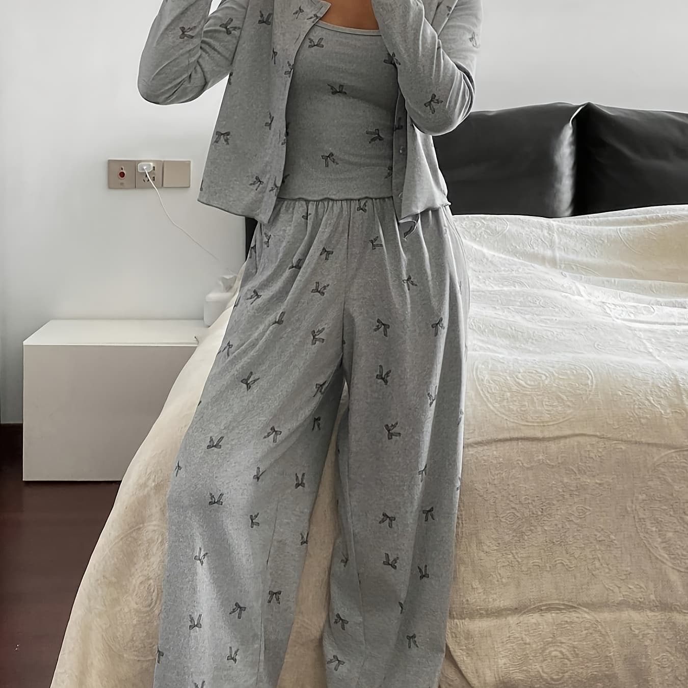 Spring/Summer Bow Print Pajama Set, Women's Long Sleeve Camisole and Pants Loungewear 3pcs Set