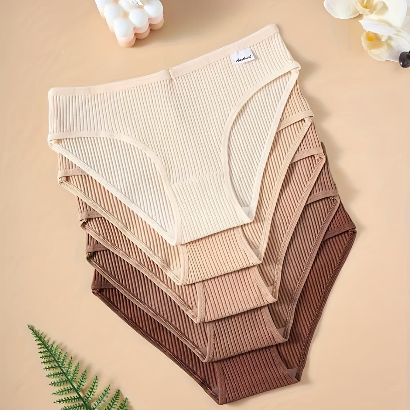 5pcs of Women'S Underwear, Ribbed Vertical Striped Fabric, Solid Color Women'S Briefs, Gradient Color Panties, Comfortable Women'S Casual Triangle Pants