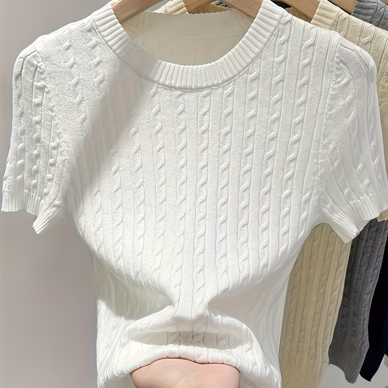 Women'S Chic Cable Short Sleeve Sweater - Casual Crew Neck Pullover, Ribbed Hem And Cuffs, Pure White, Summer Lightweight Viscose