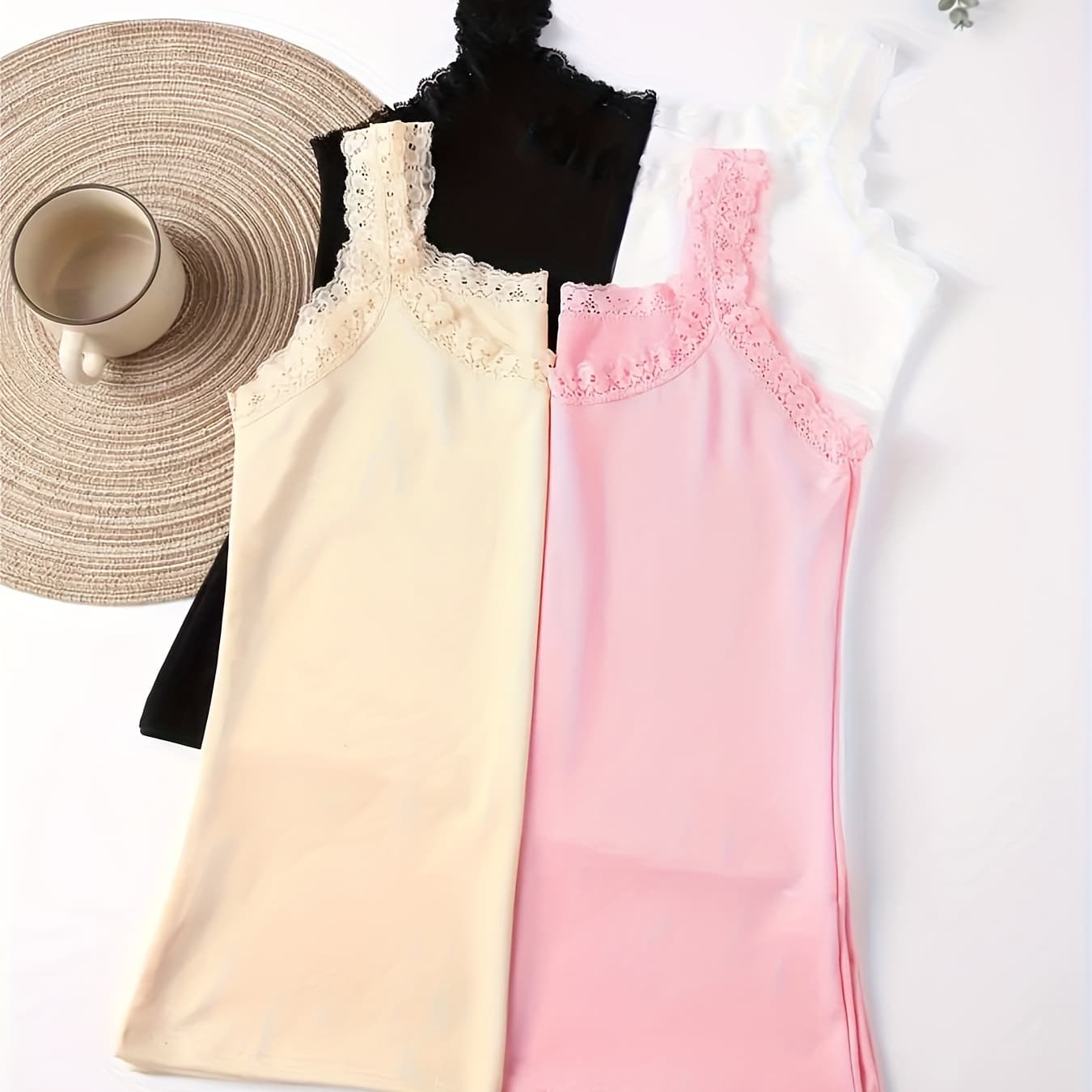 4pcs Solid Lace Trim Vest Top, Simple Elastic Breathable Tank Top, Women's Lingerie & Underwear