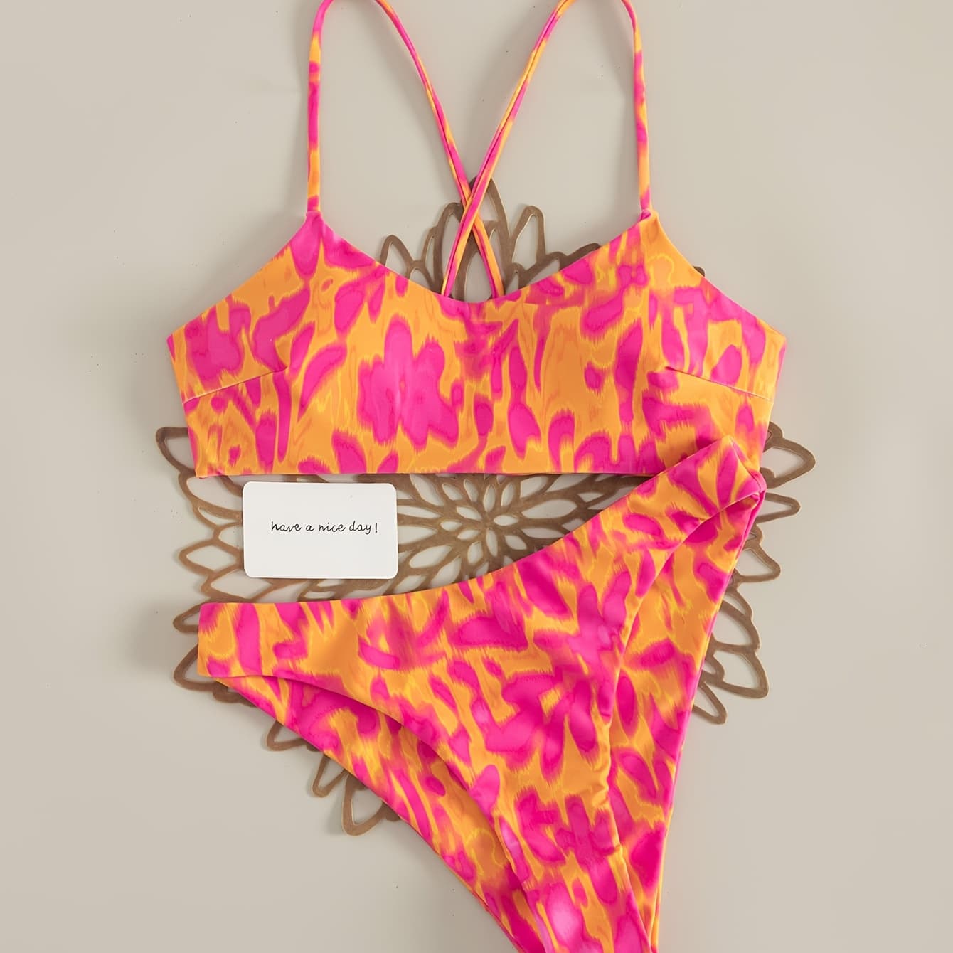 2pcs Pink Tie-Dye Women's Bikini Set with Criss-Cross Back Ties for Beach and Seaside Vacations