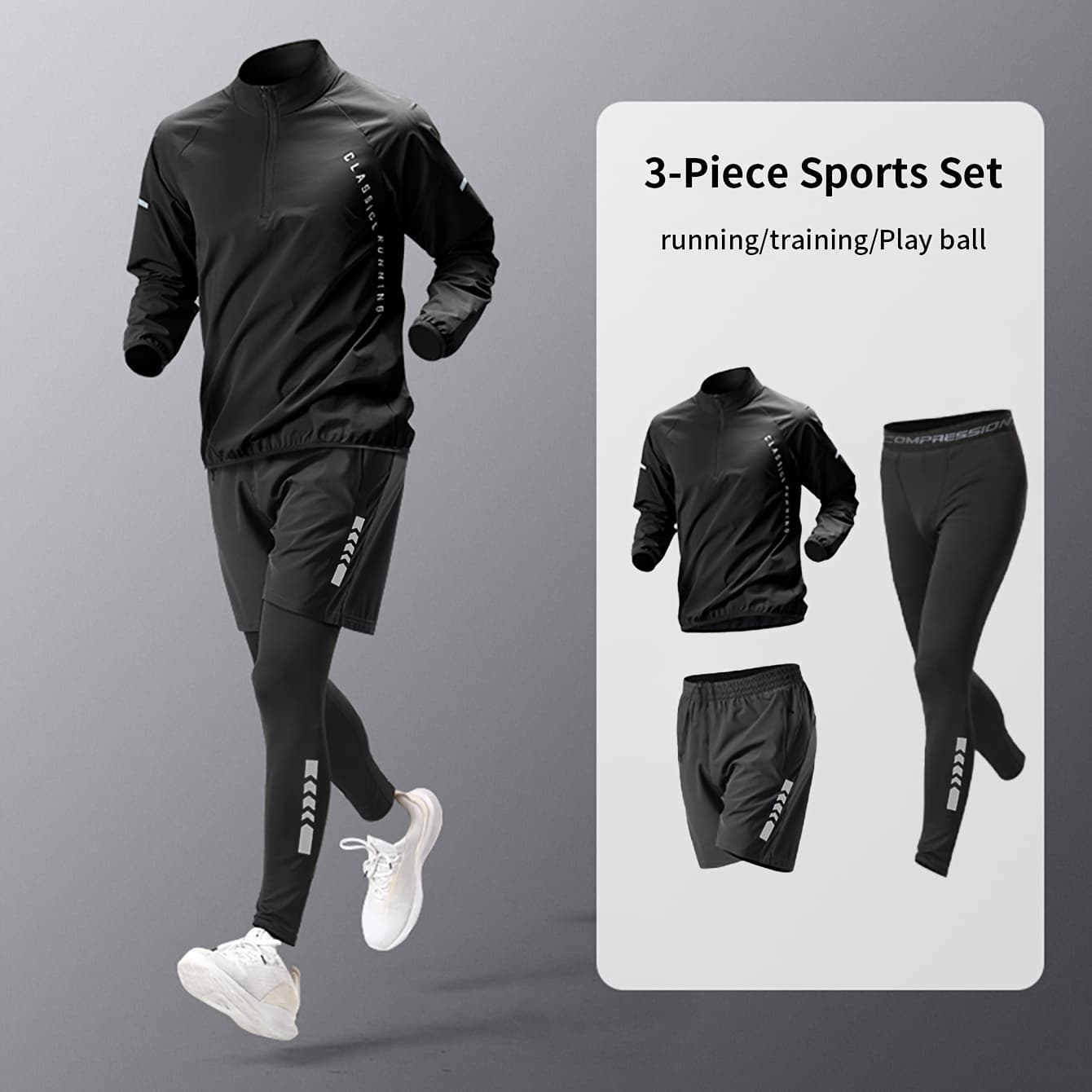 3-Piece Men's Quick-Dry Sportswear Set, Including New Henley T-Shirt Long Sleeve Top, Pocket Zipper Drawstring Shorts, and High-Elasticity Leggings - Polyester/Spandex Blend, Suitable for Outdoor Leisure, Running, Fitness, Basketball, and Training
