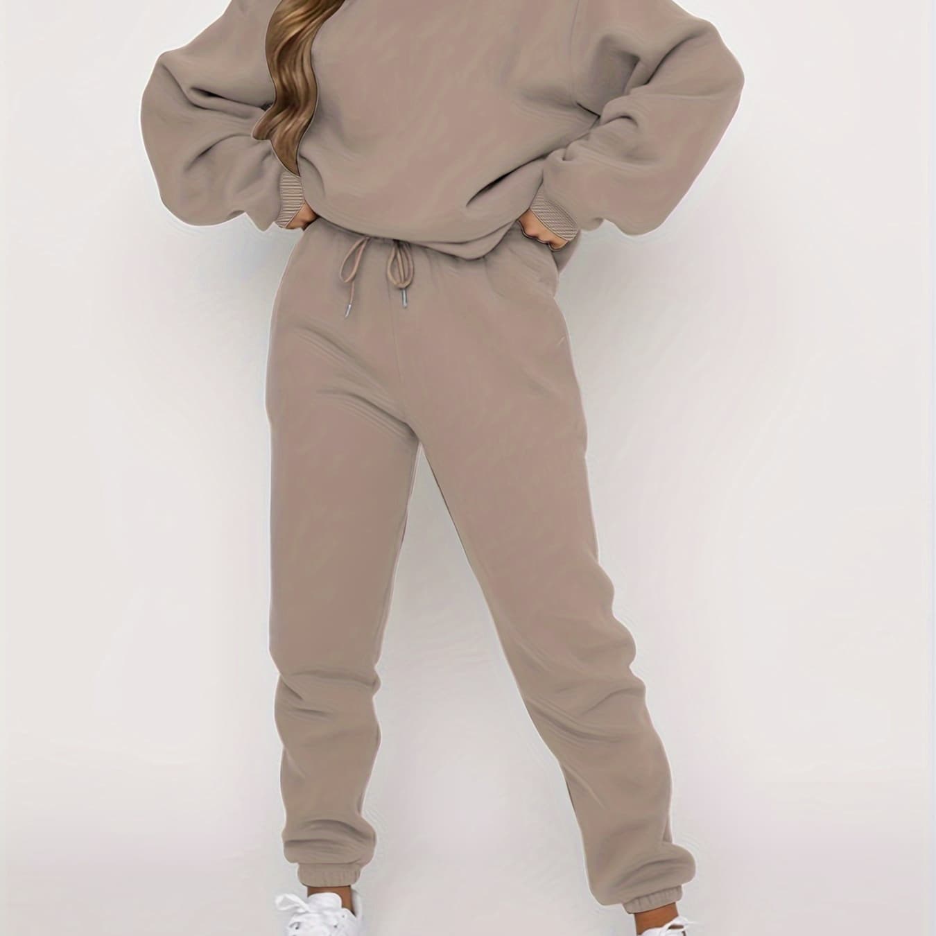 Women'S Autumn And Winter Simple Solid Color Loose Pullover Sweatshirt + Solid Color Elastic Waist Drawstring Pants Casual Fashionable And Versatile Two-Piece Suit.
