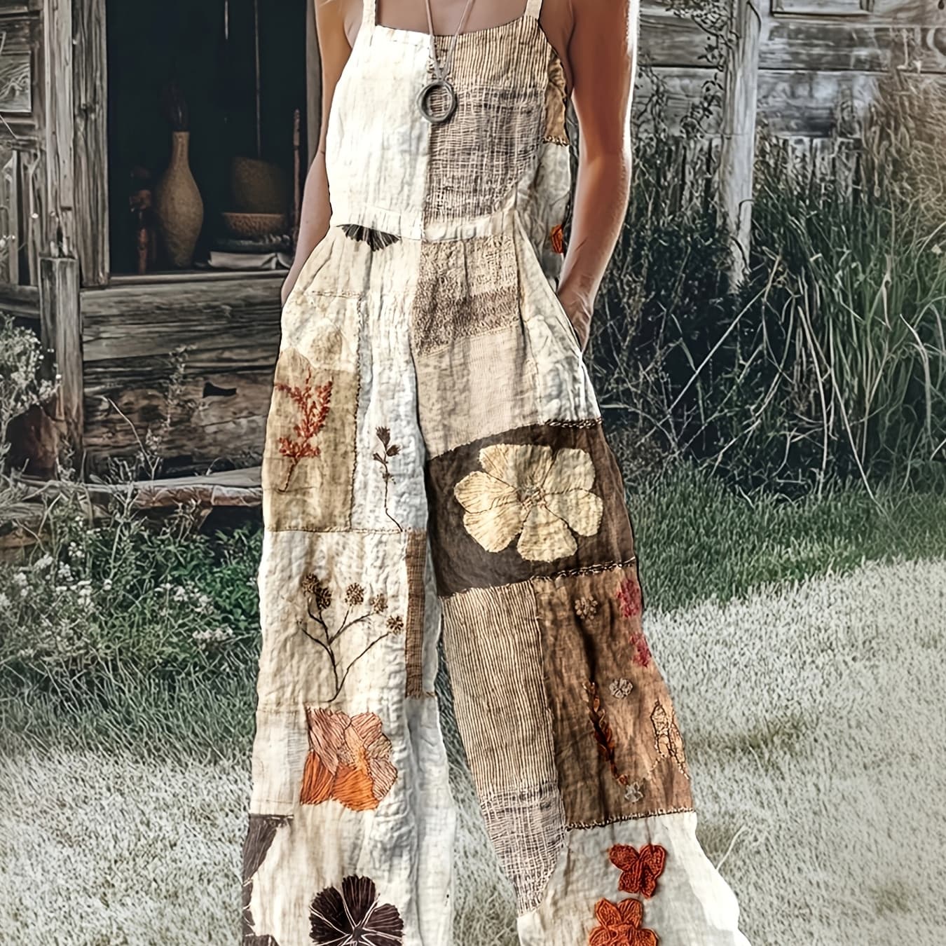 Women's Bohemian Earth Tone Patchwork Jumpsuit | Floral Embellished Spaghetti Strap Romper | Loose Wide-Leg Casual Overalls