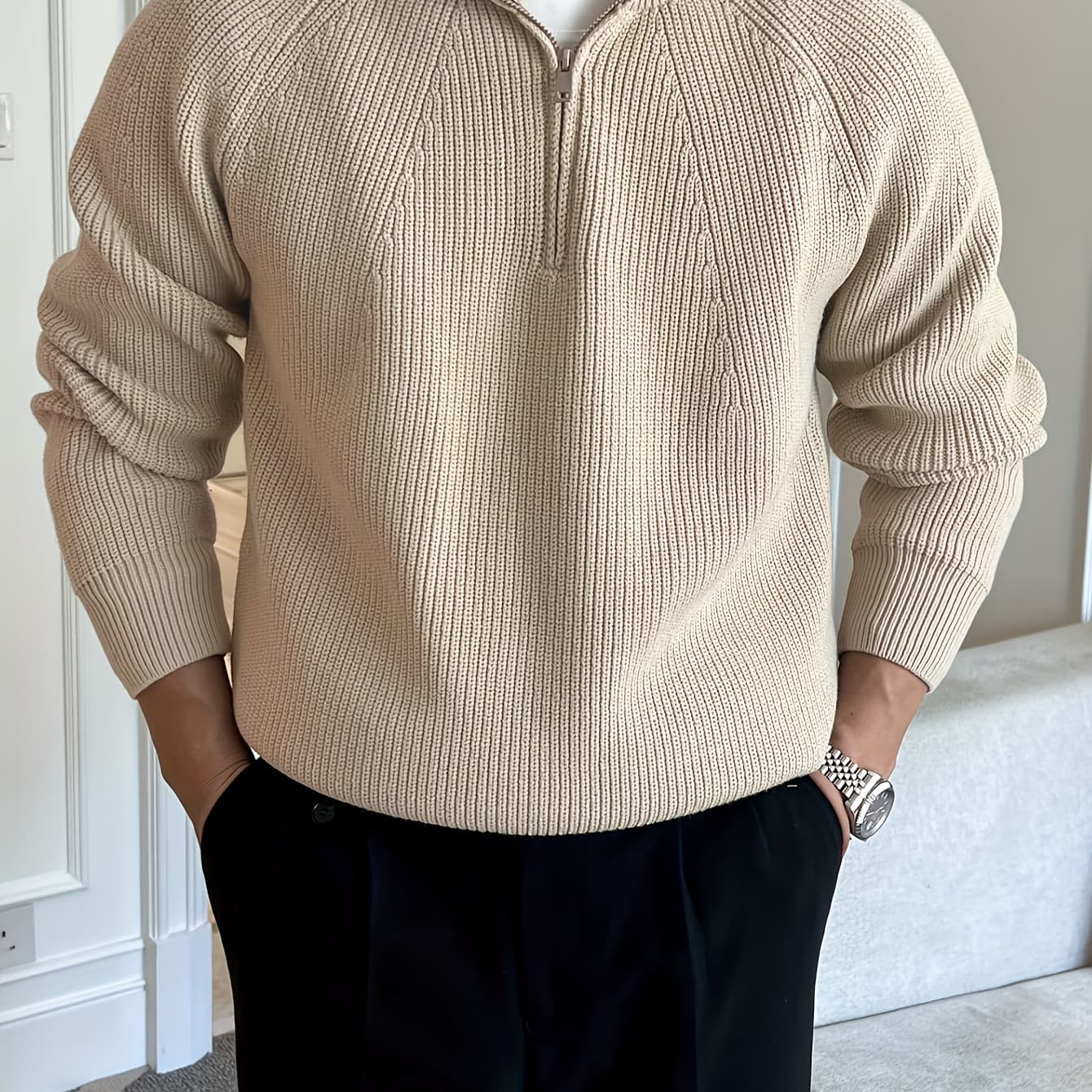 Men's Solid Color Minimalist Raglan Sleeve Thick Zip-Up Sweater for Autumn/Winter