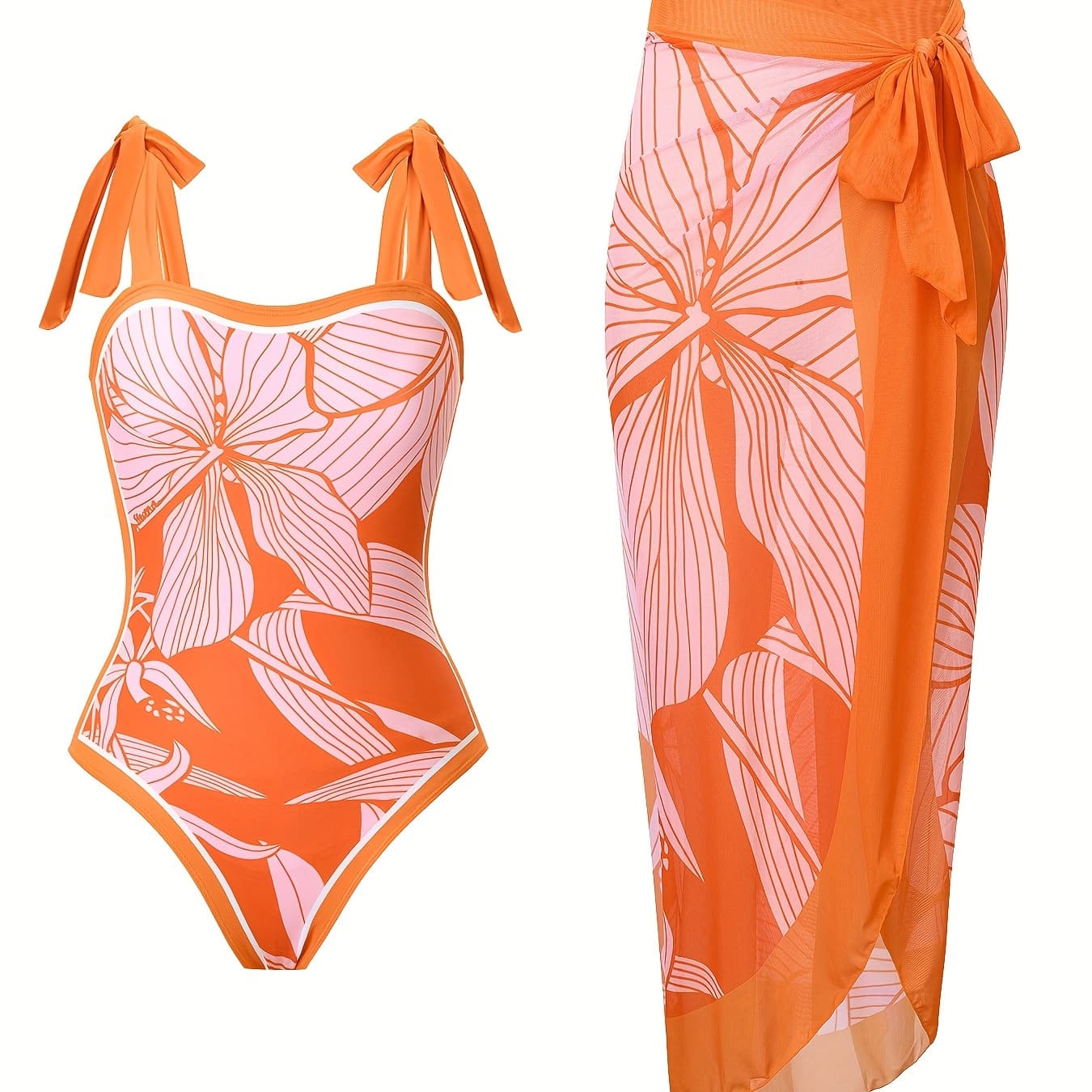 European And American New Women's Printed Vacation Lace Up One-piece Swimsuit Two-piece Set