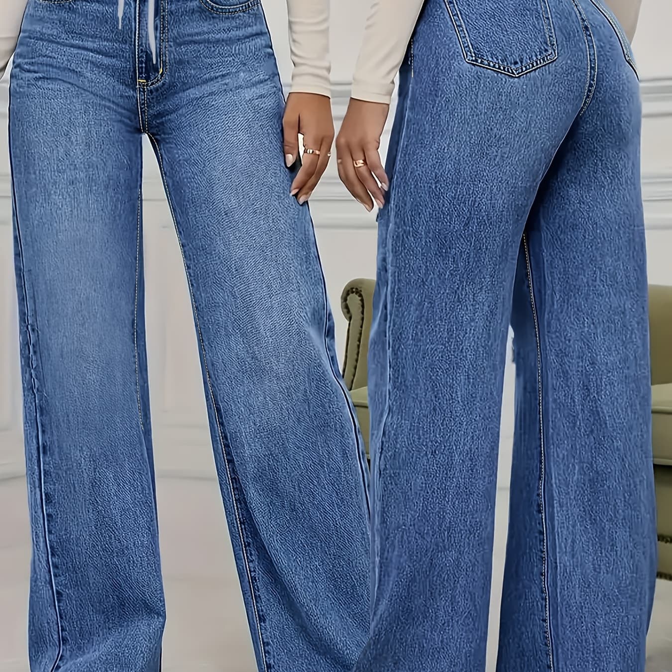 Women'S High Waist Straight-Leg Denim Pants | Solid Blue, Elastic Waist with Drawstring, Fashionable Loose Fit, Casual Style, Suitable for All-Season Outings & Commute