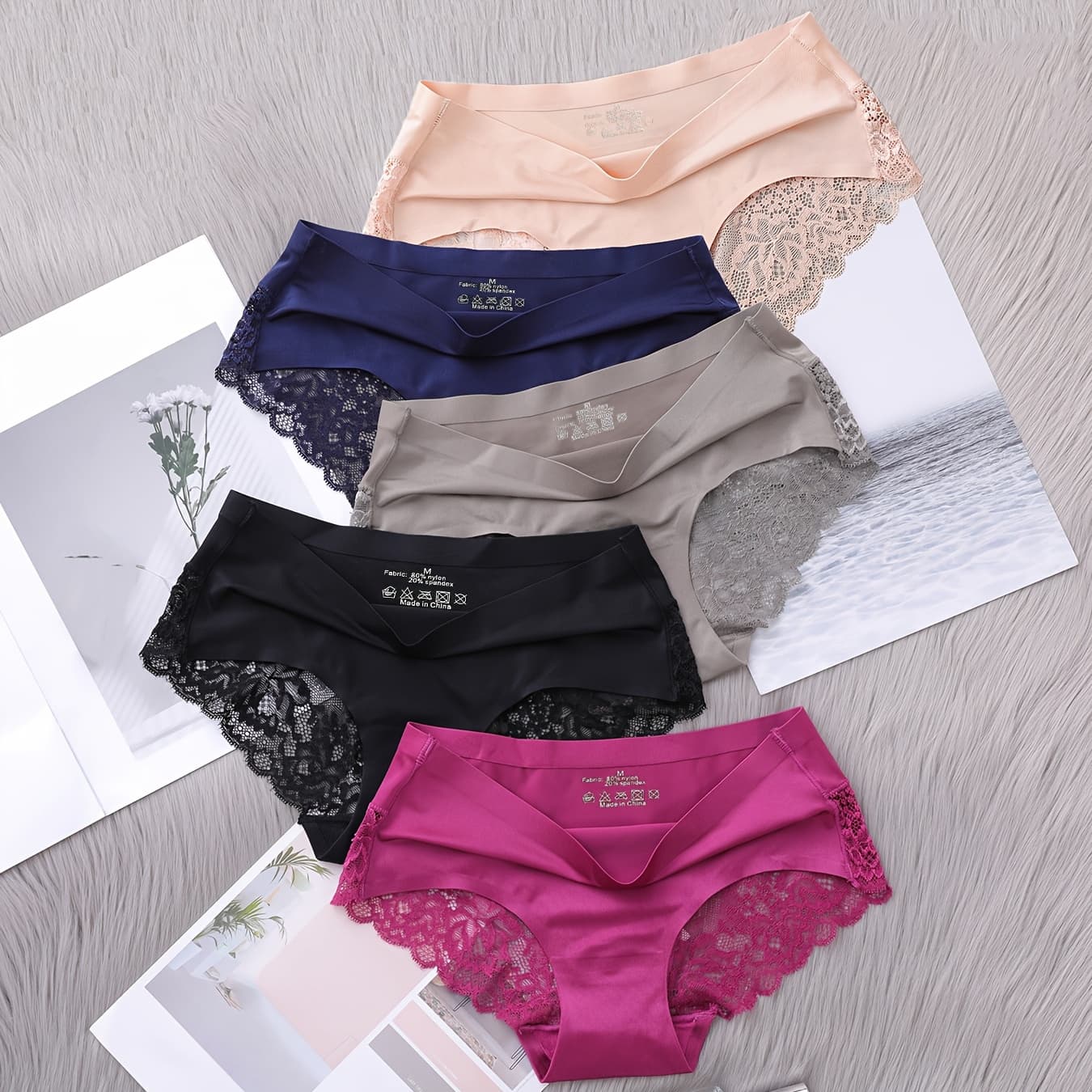 5-Pack Solid Color Briefs with Contrast Lace, Mid Rise, Sexy Style, Women'S Panties
