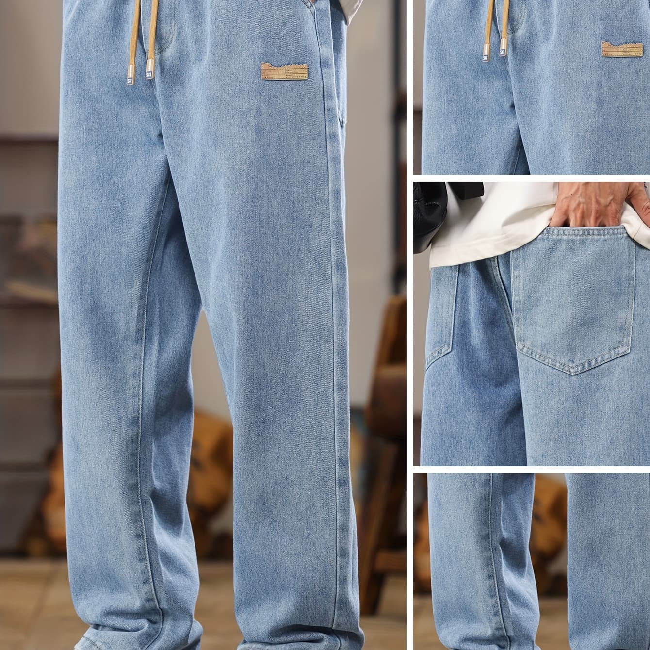 Men's Korean Style Light Blue Jeans 2025 Spring/Autumn New Washed Durable Comfortable Drawstring Straight-Leg Pants, Stylish and Versatile Casual Trousers Suitable for All Seasons by Gengyuan