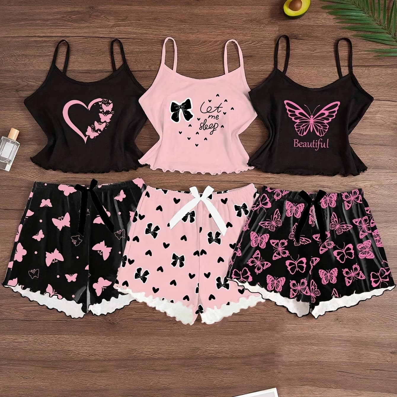 3pcs Women'S Casual Summer Pajama Set - Butterfly Print Spaghetti Strap Tank Tops & Shorts, Lightweight Polyester, All-Season Comfort, Black & Pink with Ruffled Hem, Perfect for Relaxing at Home, Relaxed Fit Clothing | Playful Print Design | Lightweight Fabric, Butterfly Print Pajamas