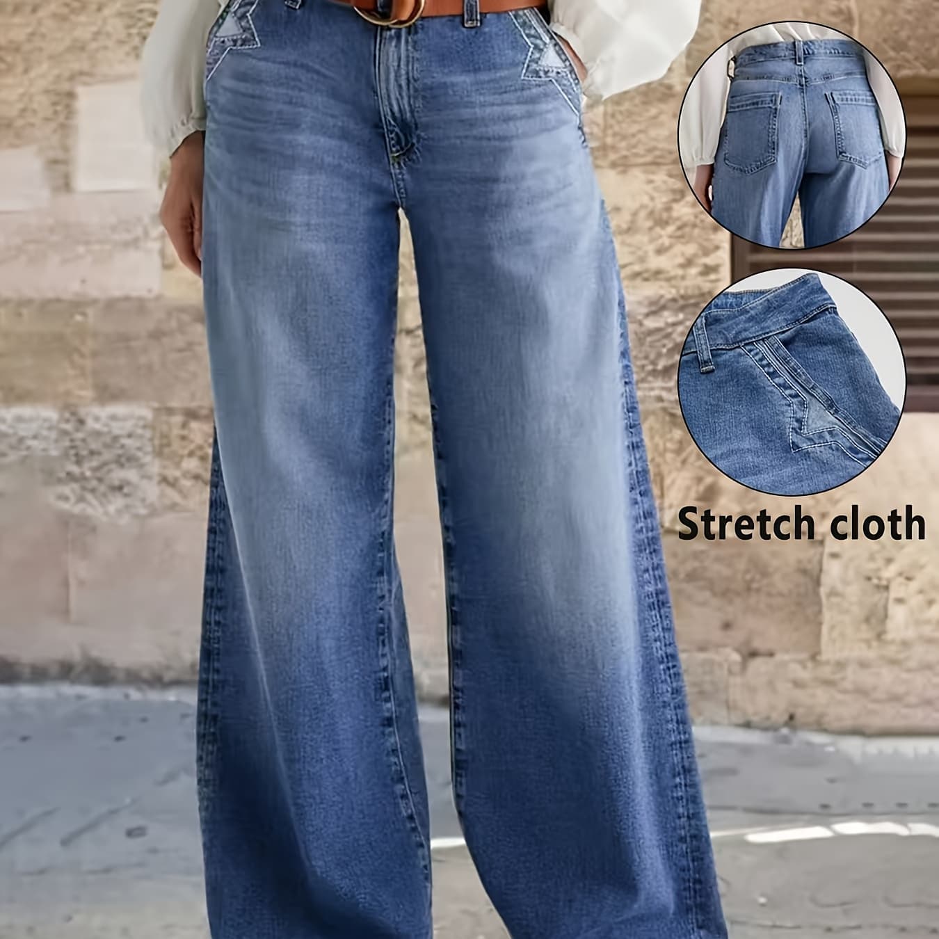 Women'S Stretchy Fashionable Comfortable Straight-Leg Wide-Leg Long Pants, Featuring Slanted Pocket Design, in a Washed Blue Color, Casual Style, Comfortable Fit, Classic And Versatile, Suitable for All Seasons, Weekends, Travel, And Everyday Wear