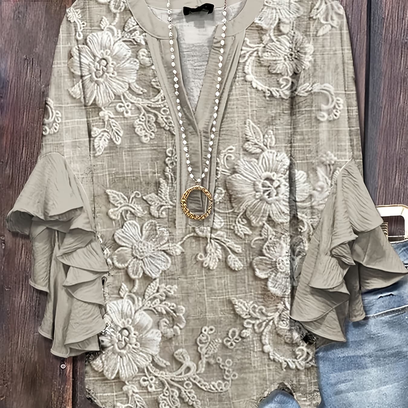 Vintage Floral Print V-Neck Shirt, Flower Printed Design- Not Textured, Casual Button-Front Shirt, Machine Washable, Mixed Floral Print, Ruffled Bell Sleeve Top. Women's Clothing