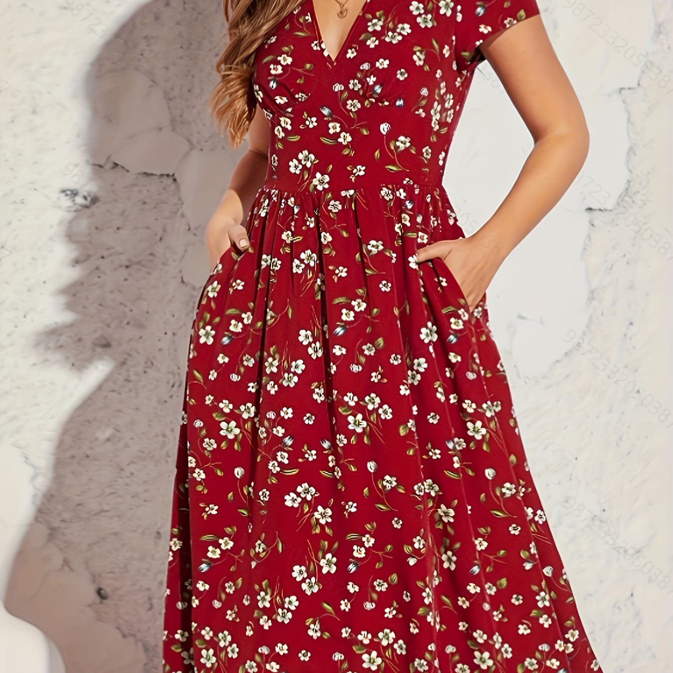 New Floral Print Pocket Waist Cinched Short Sleeve Elegant A-Line Dress