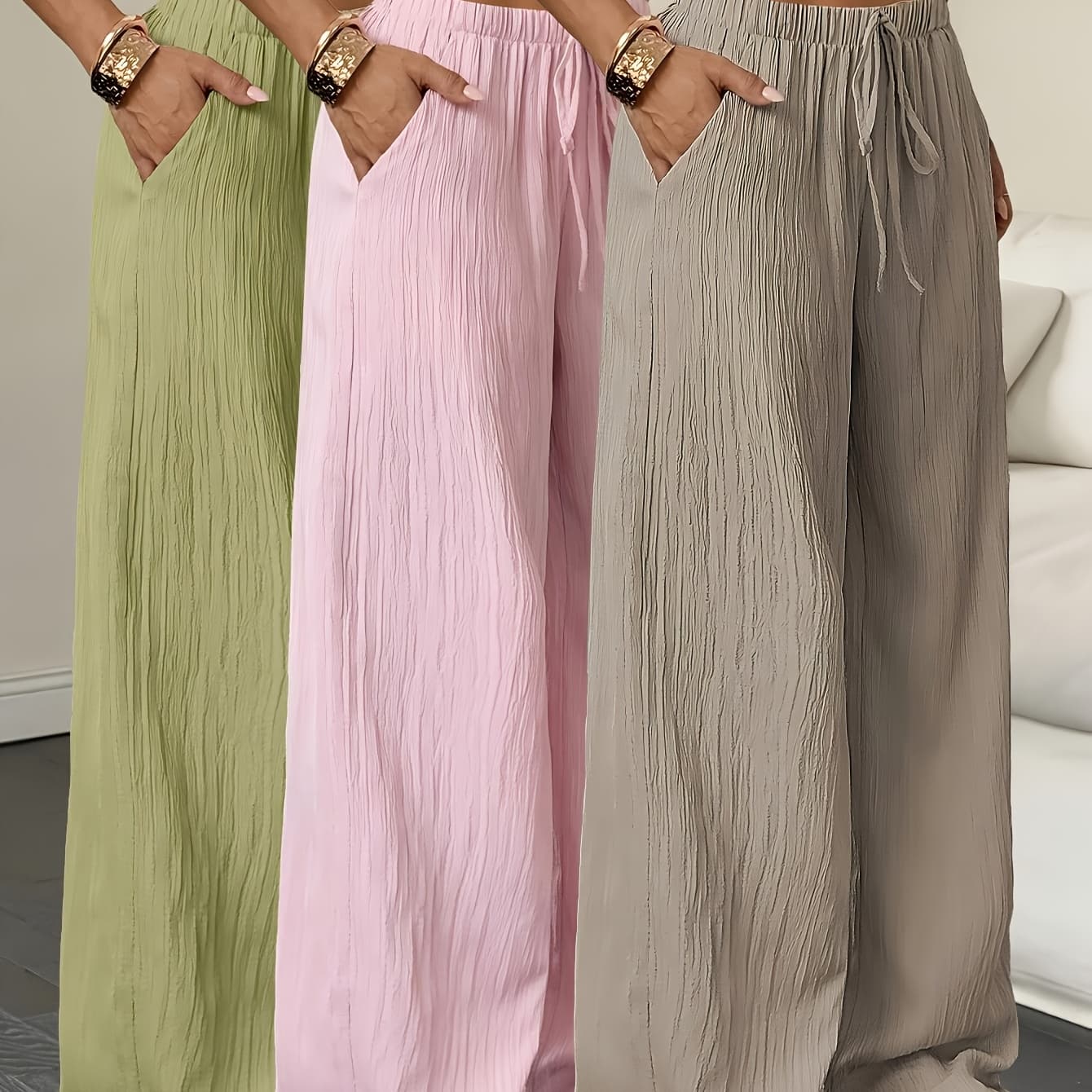 3pcs Elegant Ladies' Pants Set - Elegant Casual Solid Color Wide Leg Trousers, Versatile High-Waisted Pants for Spring & Summer, Perfect for Daily Wear And Vacation, Summer Vacation Beach Flowy Trousers with Pockets