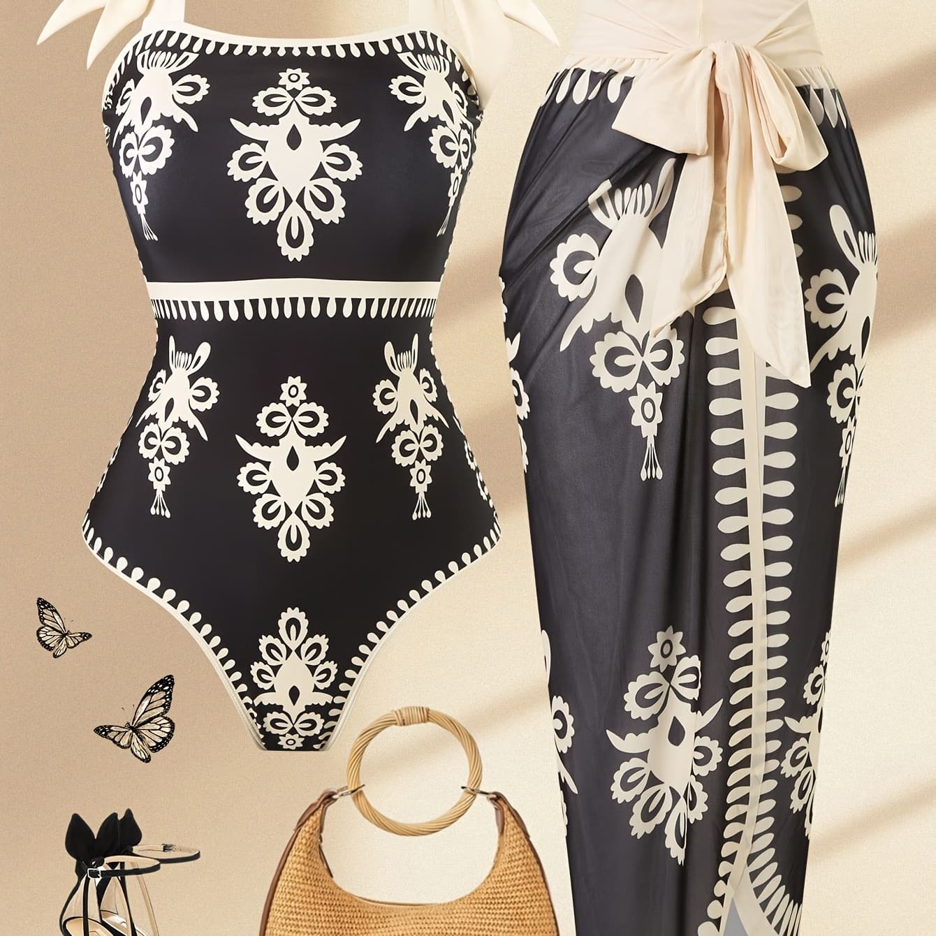 Fashionable Women's Sexy Swimsuit with Skirt 2pcs Set