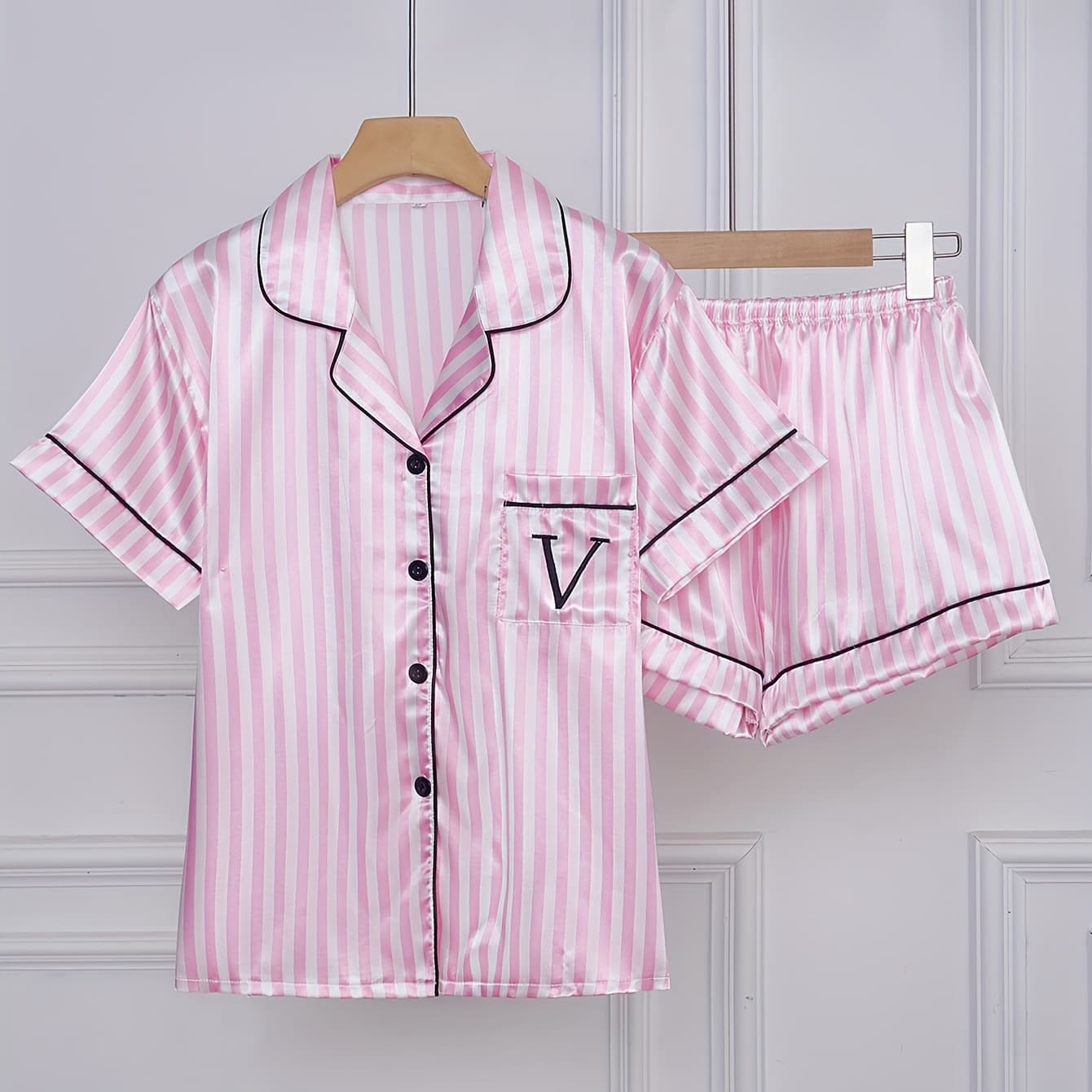 Striped Embroidered Letter Pocket Pajama Set, Casual Satin Sleepwear with Lapel Collar and Button Detail, Polyester 95% Elastane 5%, Spring/Summer Short Sleeve and Shorts Loungewear, 90gsm Woven Fabric