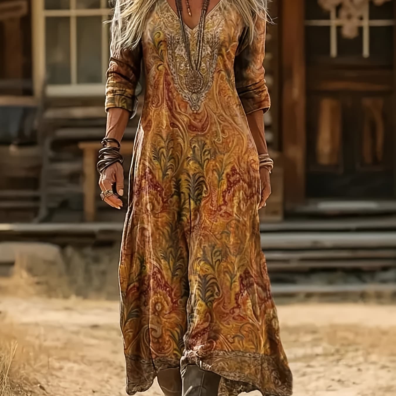 Long-Sleeved V-Neck Dress in a Retro Bohemian Style with Ethnic Prints, Featuring a Casual Design And a Variety of Colors, Perfect for Any Season from Casual Outings to Semi-Formal Events, Made from Soft Fabric