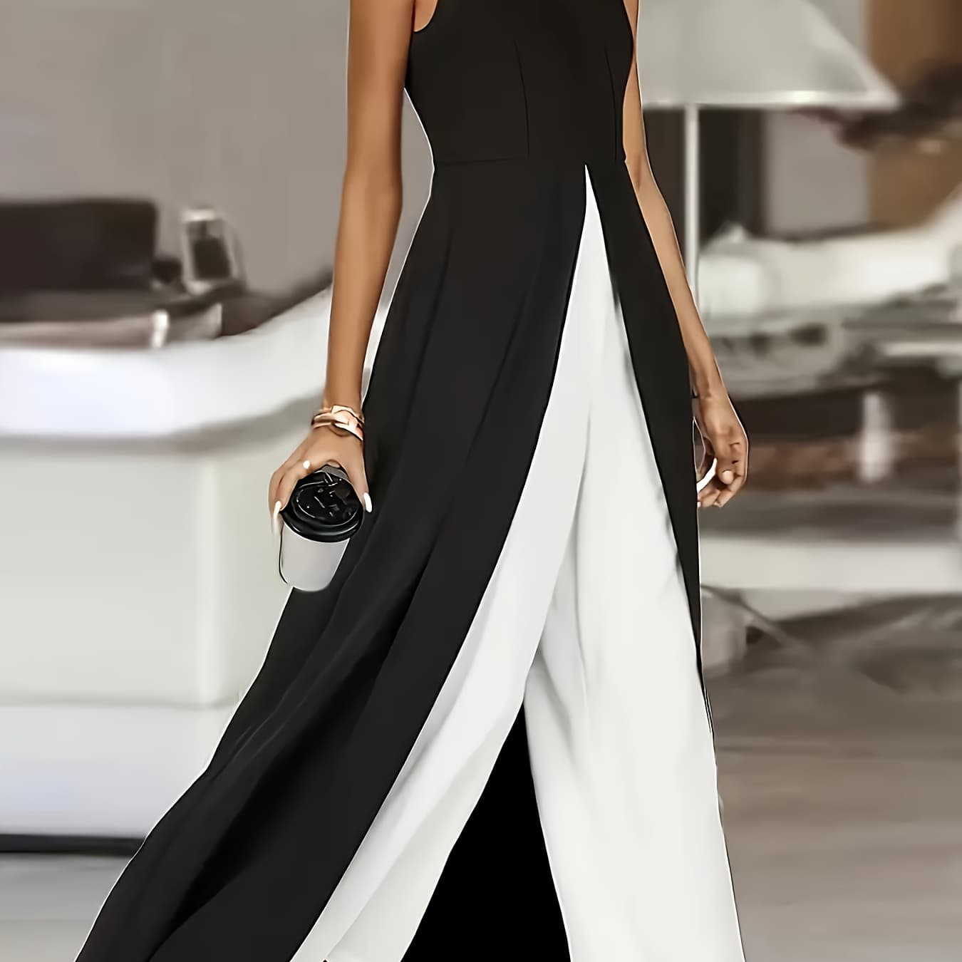 Women's Sleeveless Wide-Leg Jumpsuit - Round Neck Chiffon & Milk Romper Suitable for Leisure, Commuting, Weddings & Parties - Machine Washable Elegant Outfit