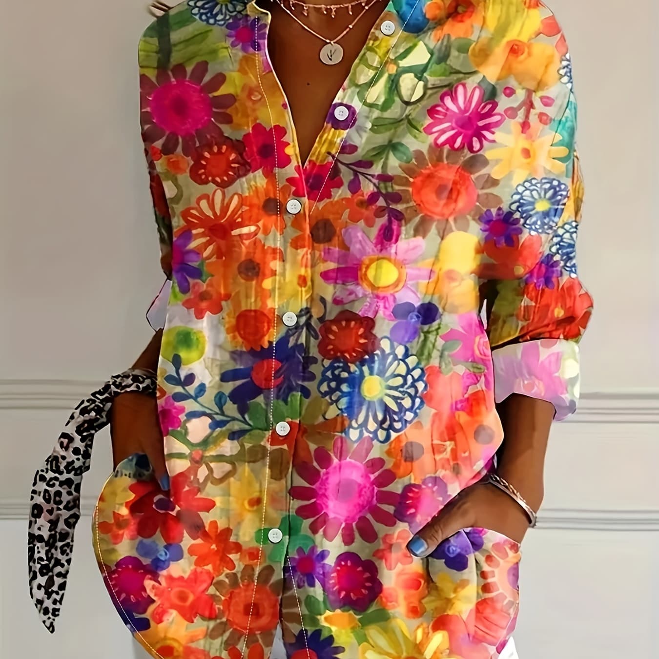 Stylish Women'S Spring/Summer Floral Print Shirt with Lapel Collar and Patched Details - Vibrant Long Sleeve Blouse for Adults, Casual Yet Sophisticated Style