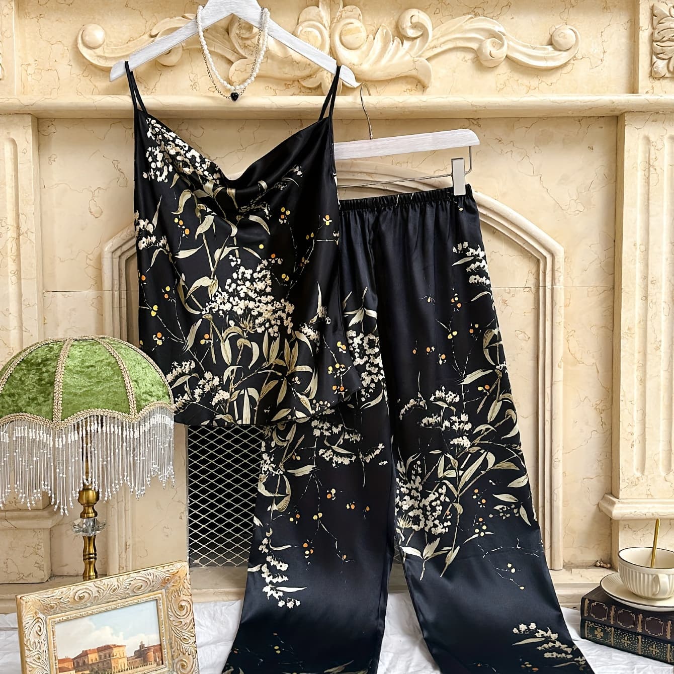 Cherry Blossom Print Vintage Slouchy Collar Top and Pants Pajama Set